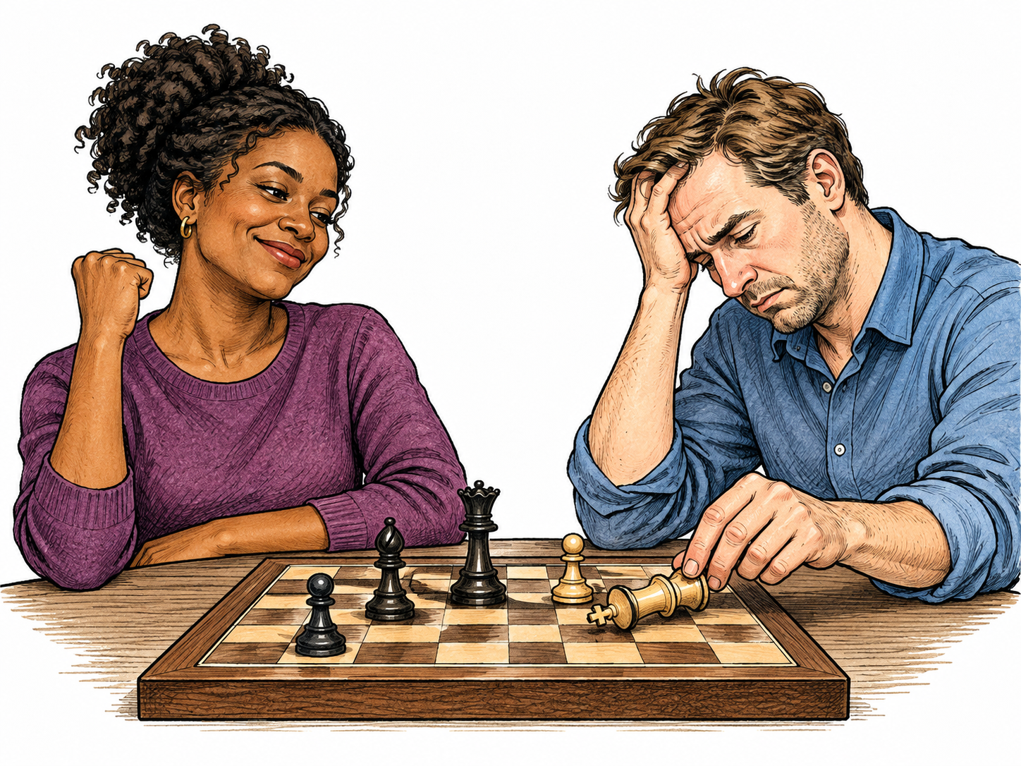 A chess player delivers checkmate and the defeated opponent tips over the losing king; defeat sense rather than adjective.