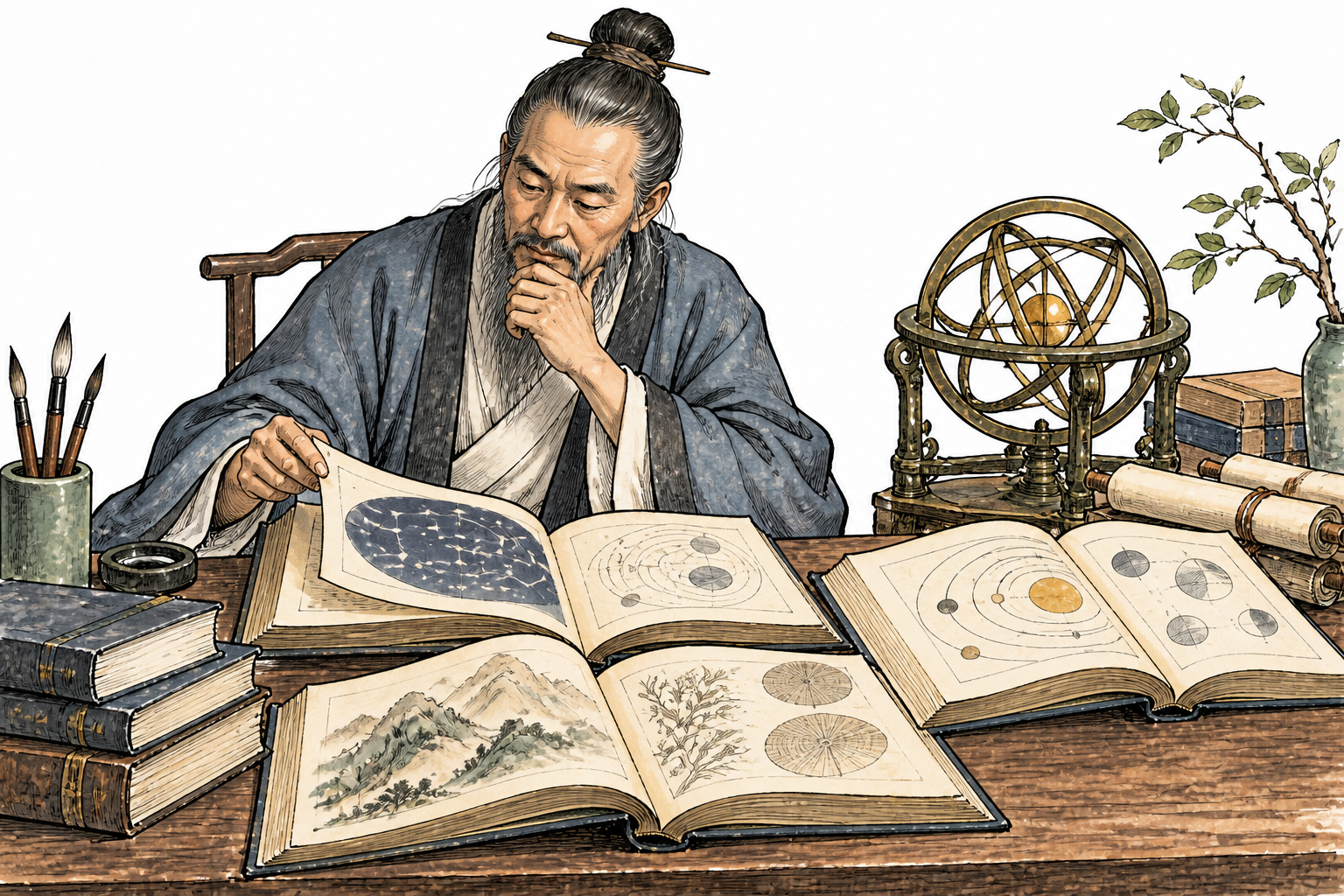 Older East Asian scholar thoughtfully compares several open books and an astronomical model, extensive studied knowledge, pages abstract marks no letters.