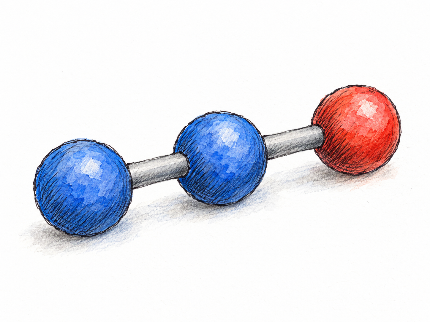 A single tabletop ball-and-stick model of nitrous oxide: two blue nitrogen spheres and one red oxygen sphere arranged in a straight N–N–O sequence, illustrating a nitrogen-containing compound with a low average nitrogen oxidation state.