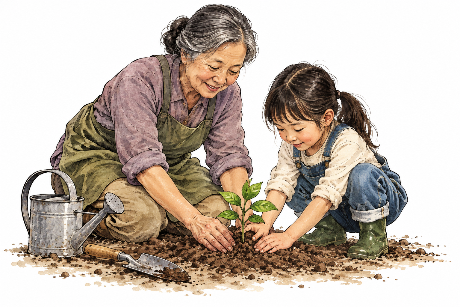 An older East Asian woman patiently guides a child planting a seedling, gentle support and care.