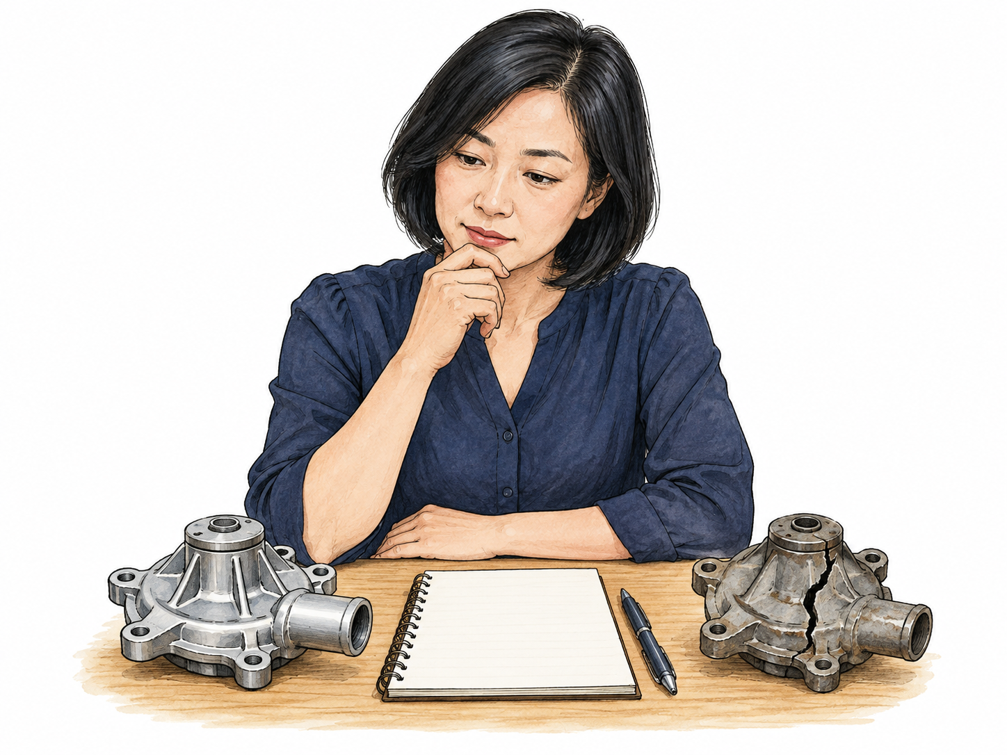 Woman carefully compares two repair options represented by intact spare part and cracked original, notebook blank and hand at chin before choice; focused deliberation, small tabletop only.
