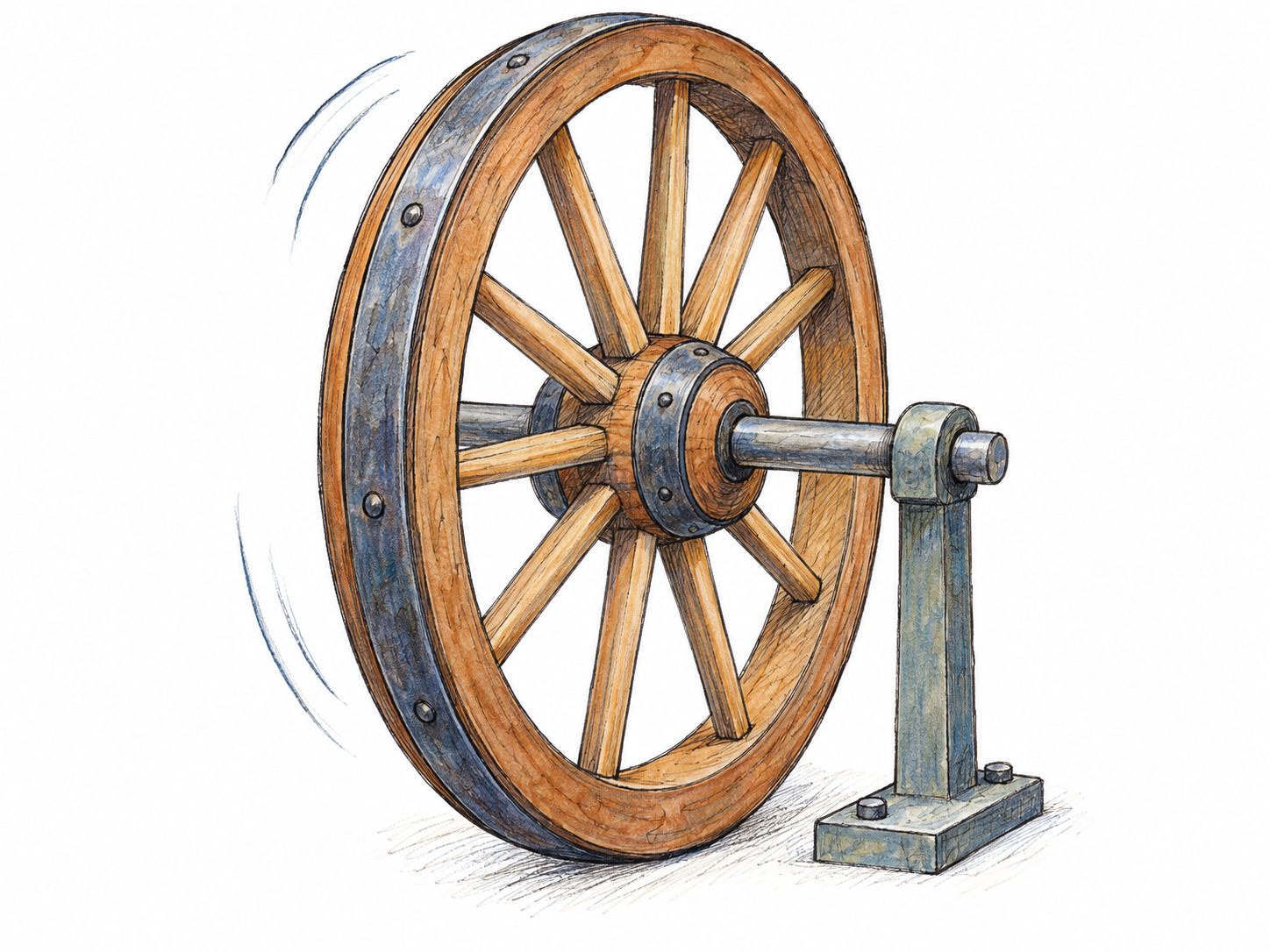 A single spoked wheel mounted on a short horizontal axle, shown at a slight angle so its circular rim, spokes, hub, and axle connection are clear.