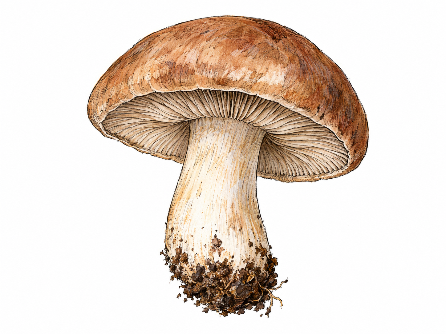 A single fresh mushroom with a broad brown cap and stout pale stem, tilted slightly to reveal the gills beneath the cap.