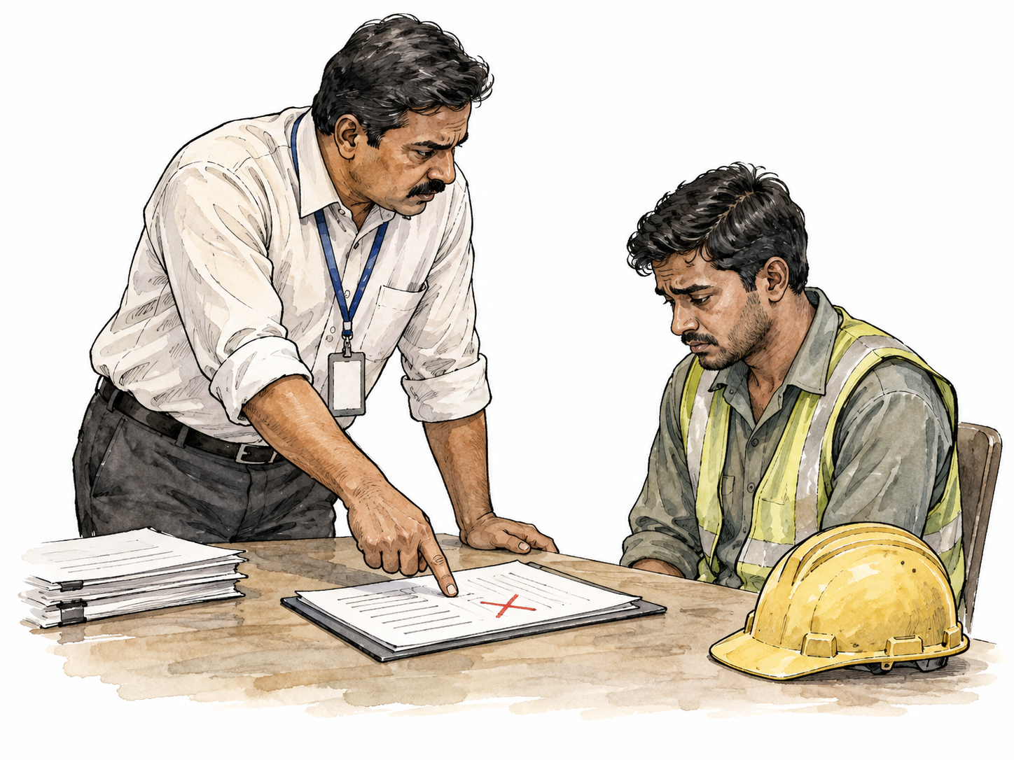 South Asian supervisor firmly points out a workers mistake in a document, professional formal reprimand.