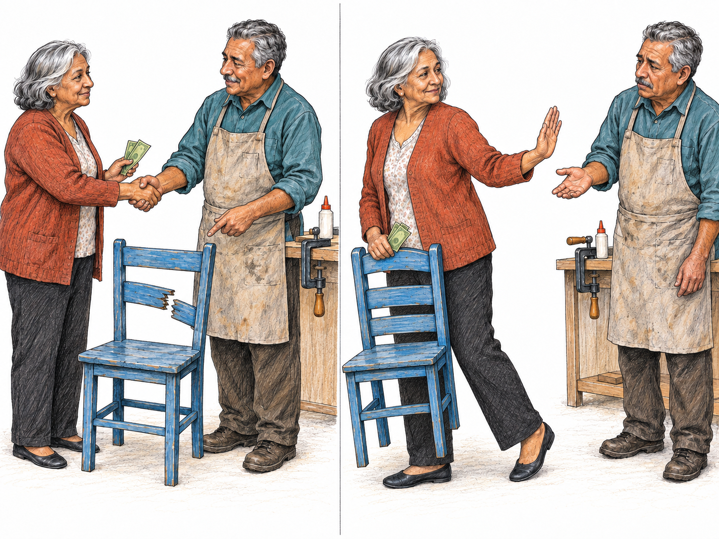 A two-stage scene shows a woman agreeing to pay a chair repairer, then taking the repaired chair while withholding the promised money.