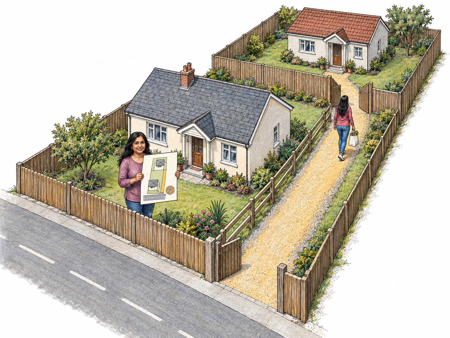 A formally documented right-of-way: a resident uses a narrow access lane across her neighbor's fenced property to reach her own otherwise landlocked home.