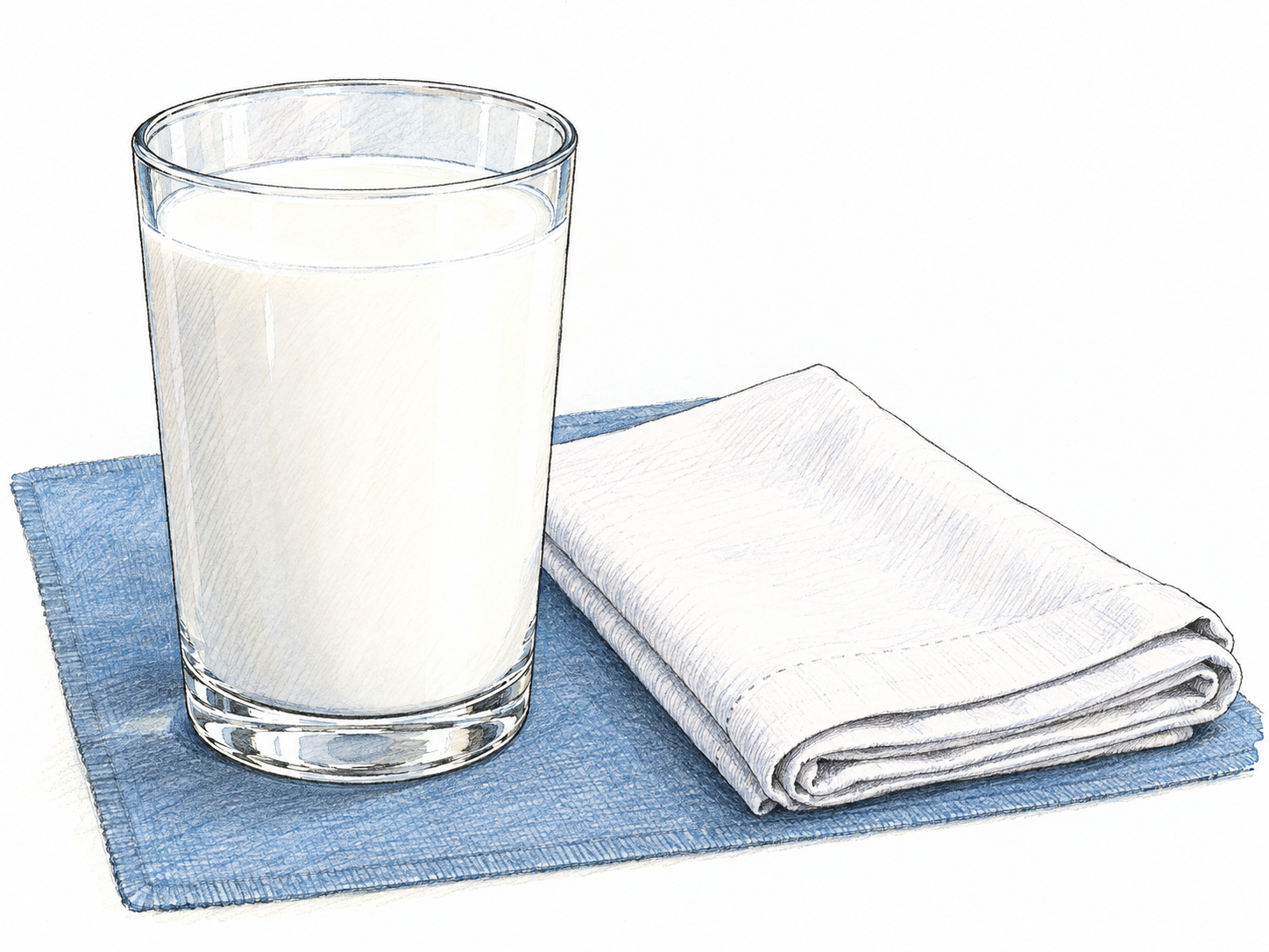 A clear glass filled with opaque white milk beside a folded white cotton napkin, both on a small muted blue placemat that makes their white color immediately visible.