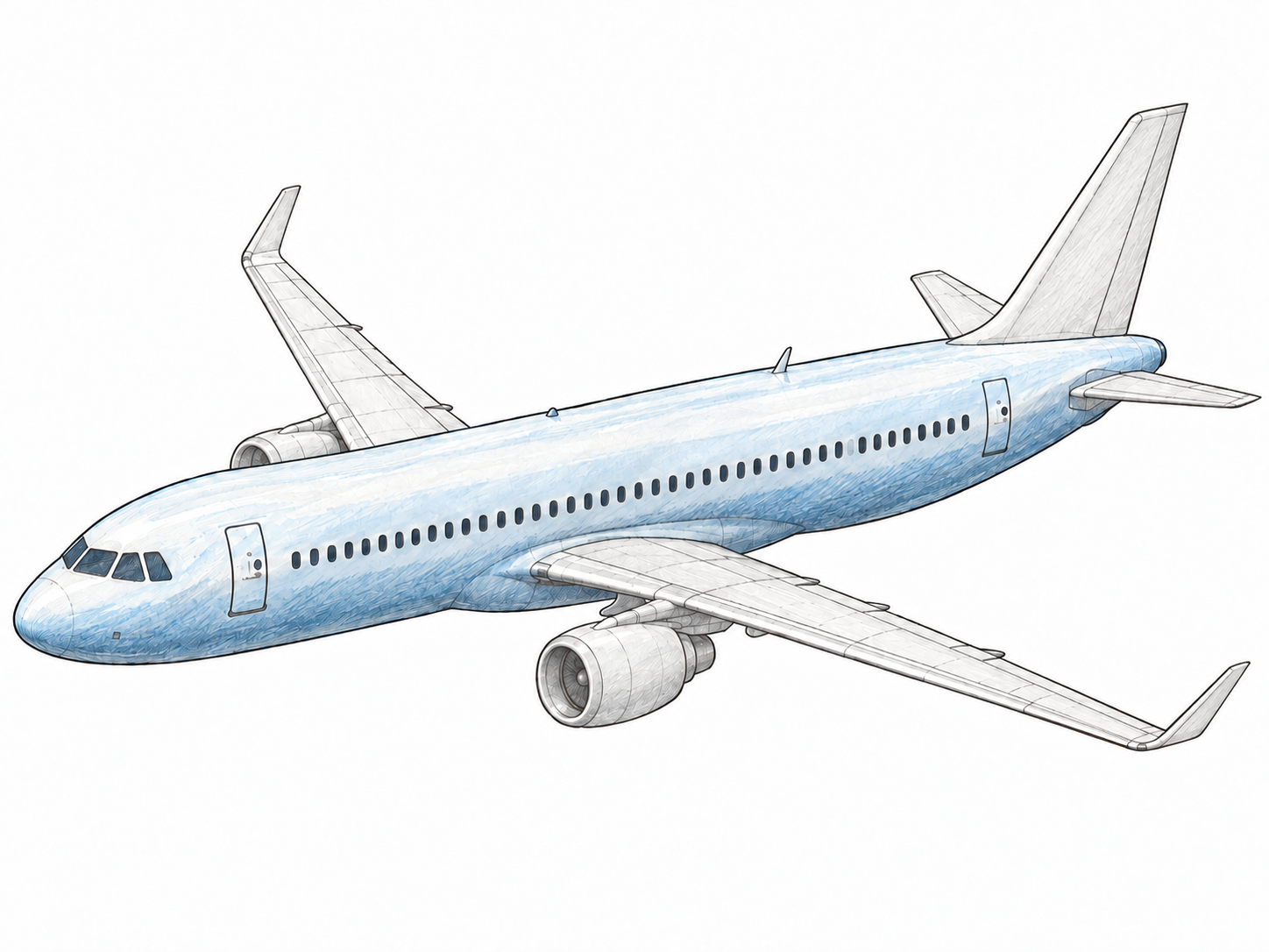 A three-quarter view of an aircraft emphasizing its long central body: the fuselage is rendered in natural color and strong ink contours, while attached wings, engines and tail surfaces remain lightly drawn.