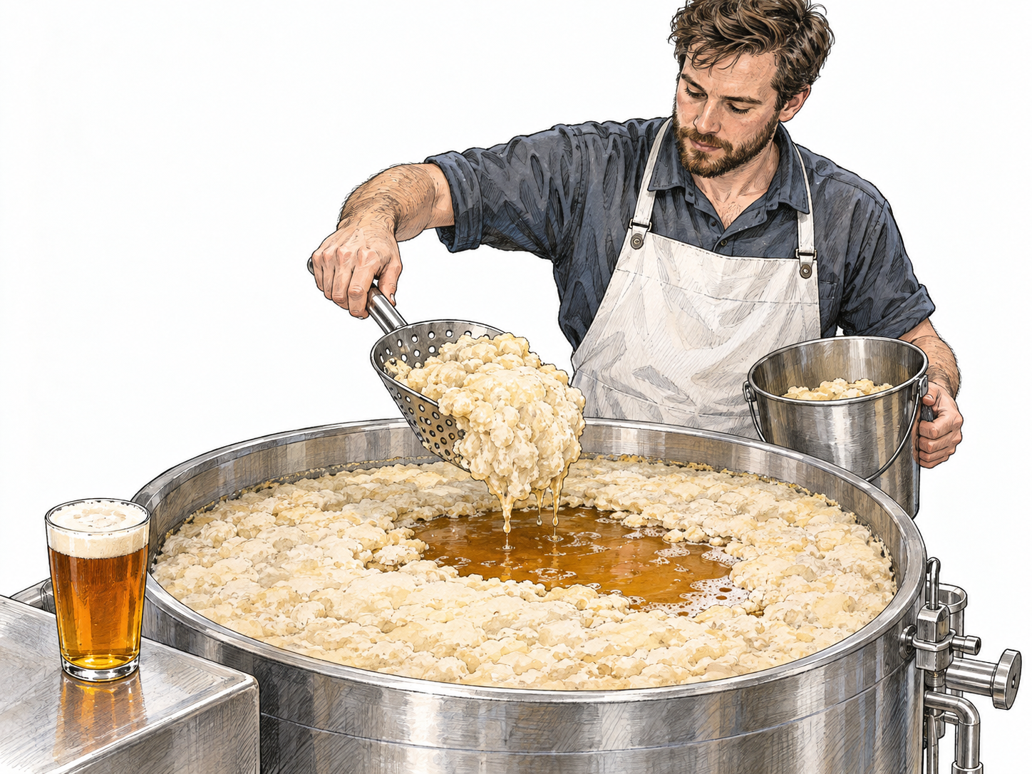 A brewer harvests thick yeast from the top of an open beer fermentation vessel; a glass of finished amber ale reinforces the beverage connection.