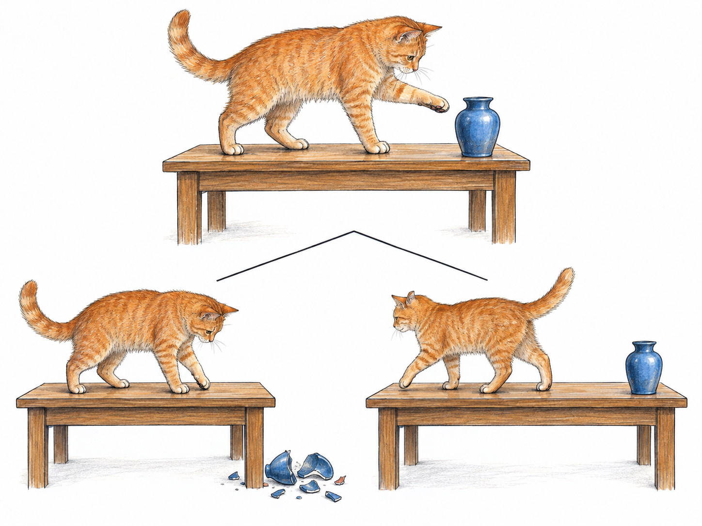 A vase falling is one possible outcome of a cat reaching toward it: a compact branching comparison shows the same unsettled situation leading either to a broken vase or to the vase remaining safely upright.