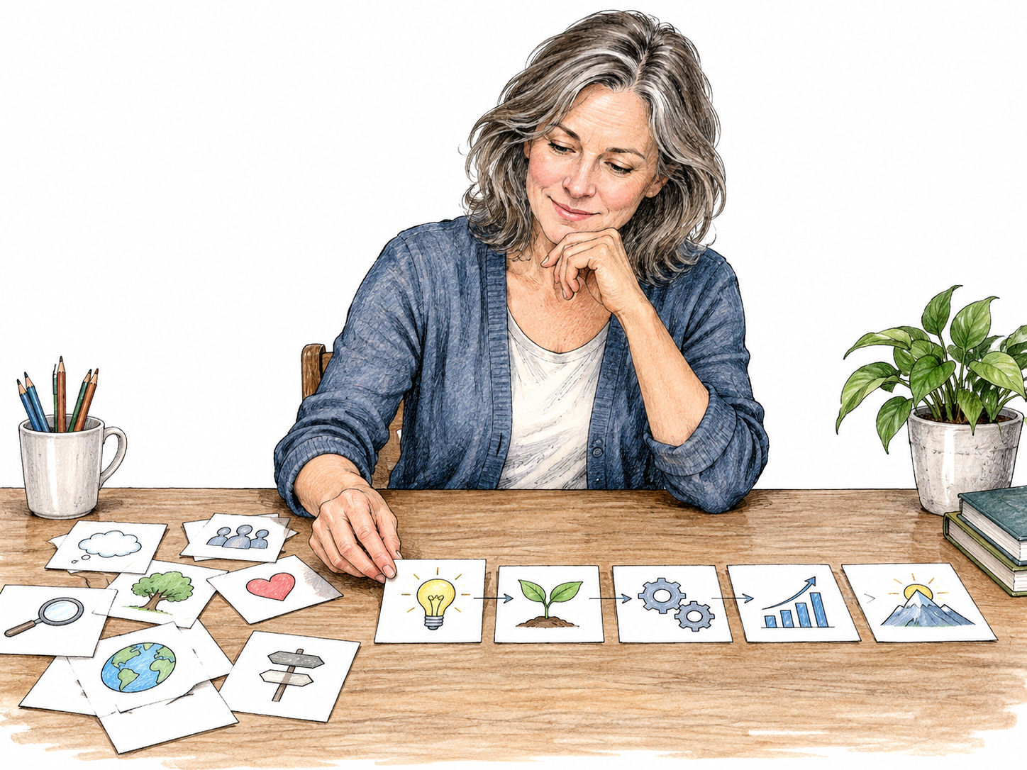 An adult arranges scattered pictorial ideas into a clean coherent sequence, showing clarity of thought and expression; no diagnostic claim or readable text.