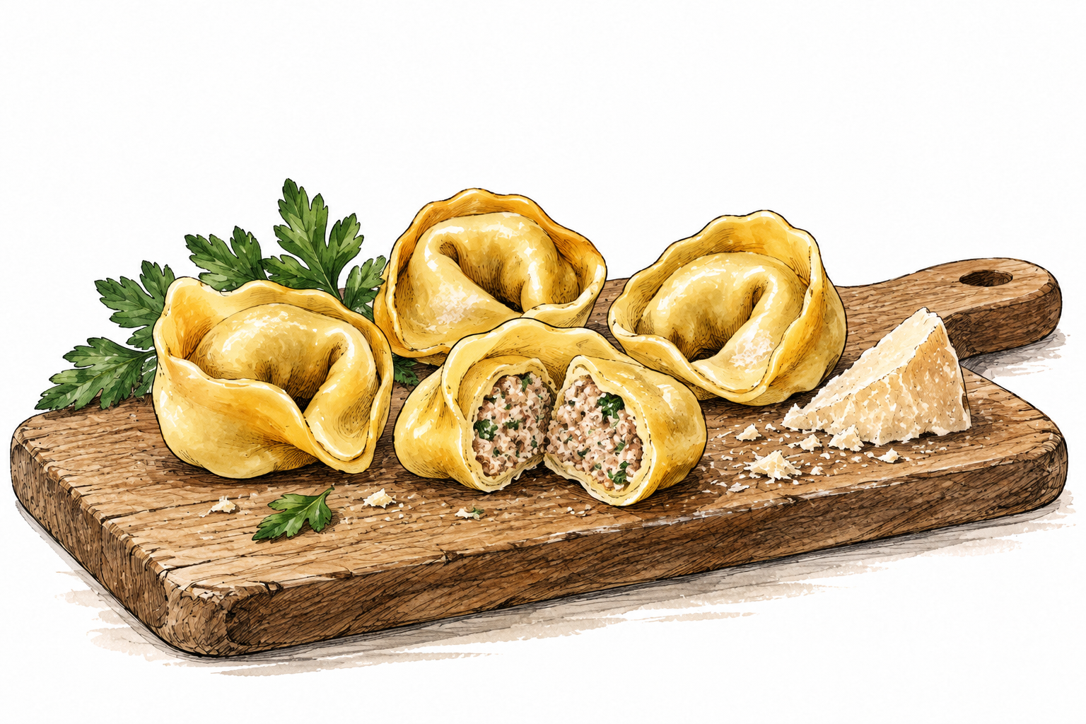 Small ring-shaped stuffed tortellini on wooden board, one cut open showing filling, natural food detail.
