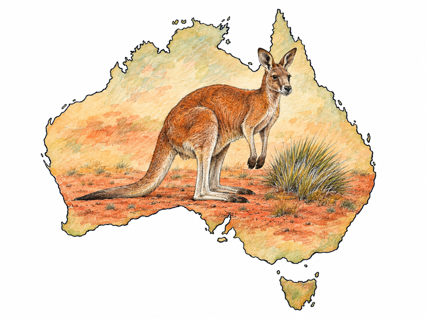 A red kangaroo and a small clump of native spinifex within a clearly recognizable outline of Australia, linking a familiar indigenous animal to its native region without depicting people or using text.