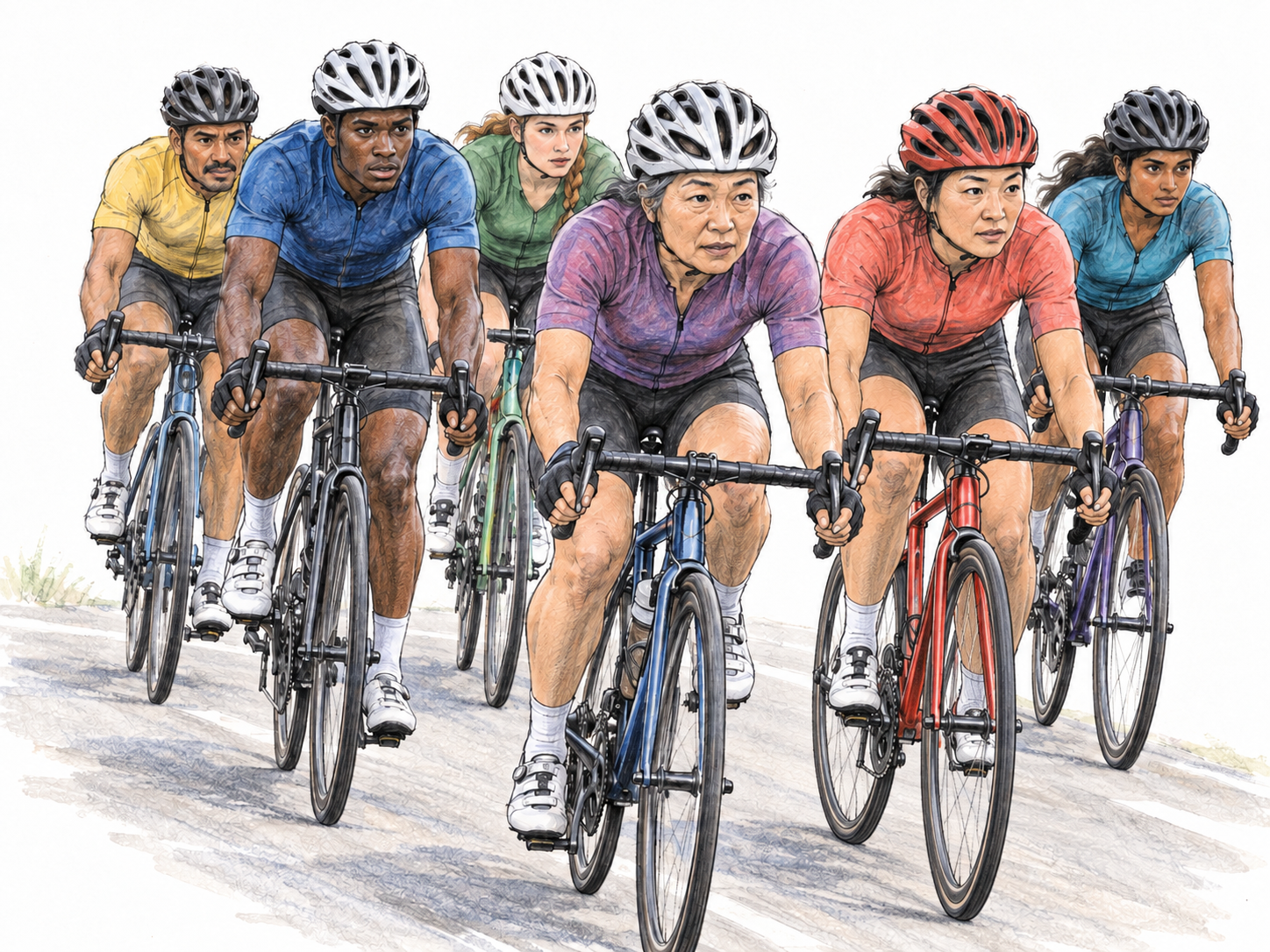 Six road cyclists ride as one compact main pack in a bicycle race, shown from a three-quarter front view with closely staggered wheels and a clear shared direction of travel.