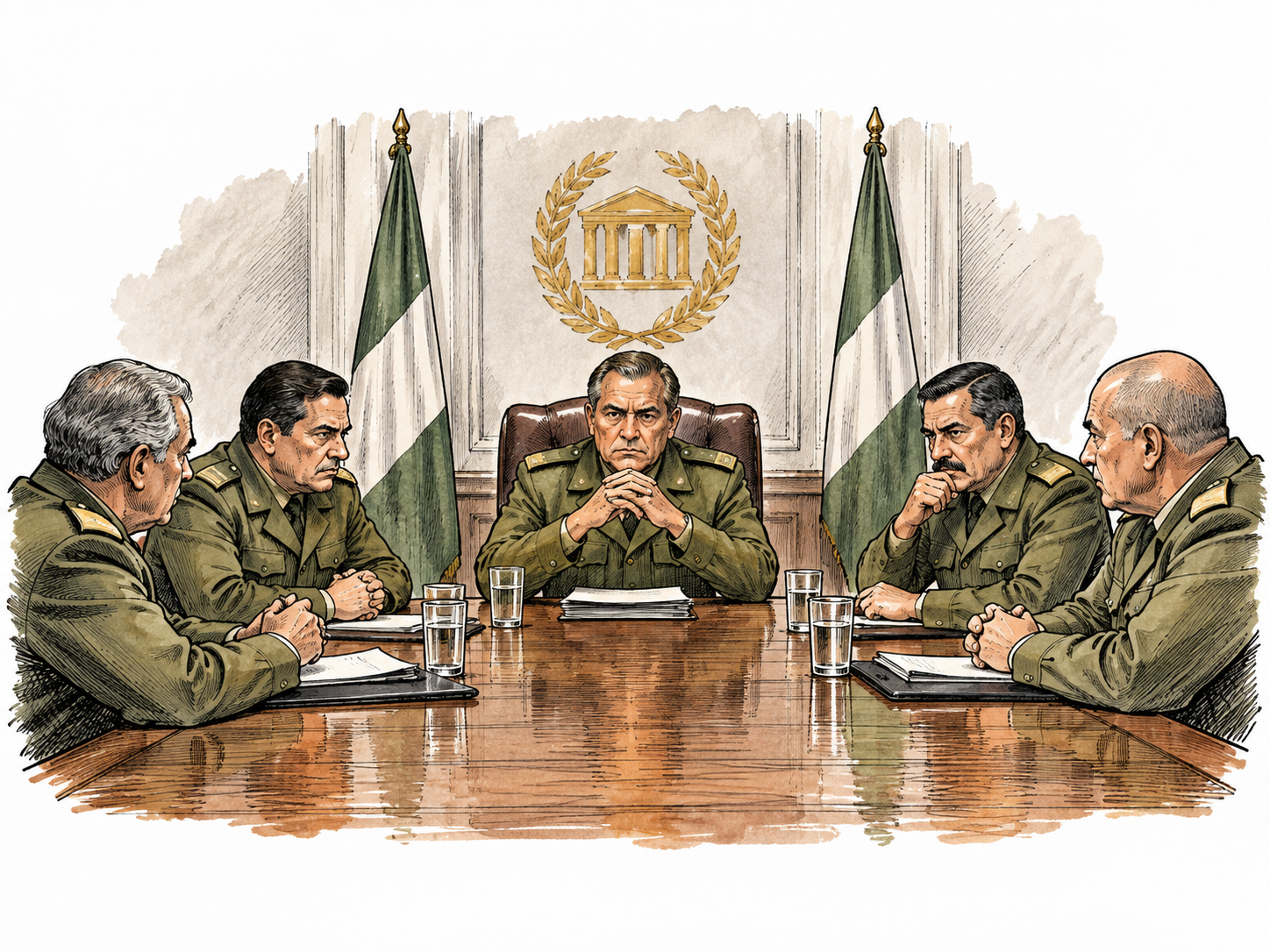 Fictional military council of several officers takes seats at government cabinet table, no real insignia.