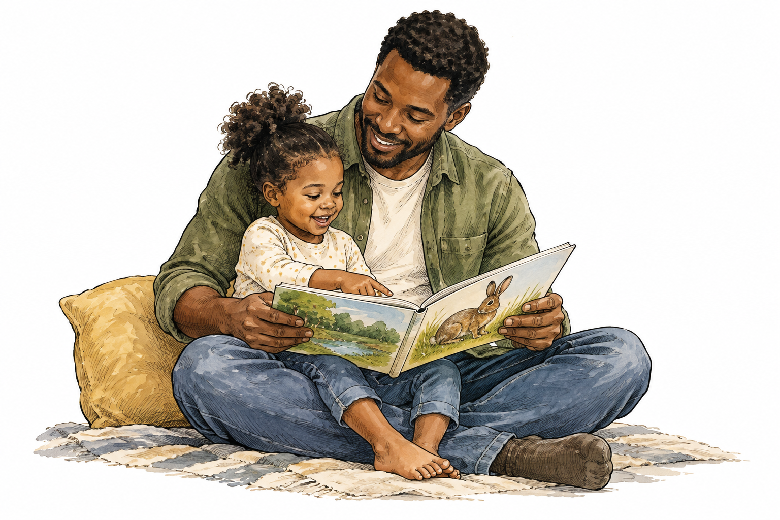 A Black father reads a picture book with his young child.