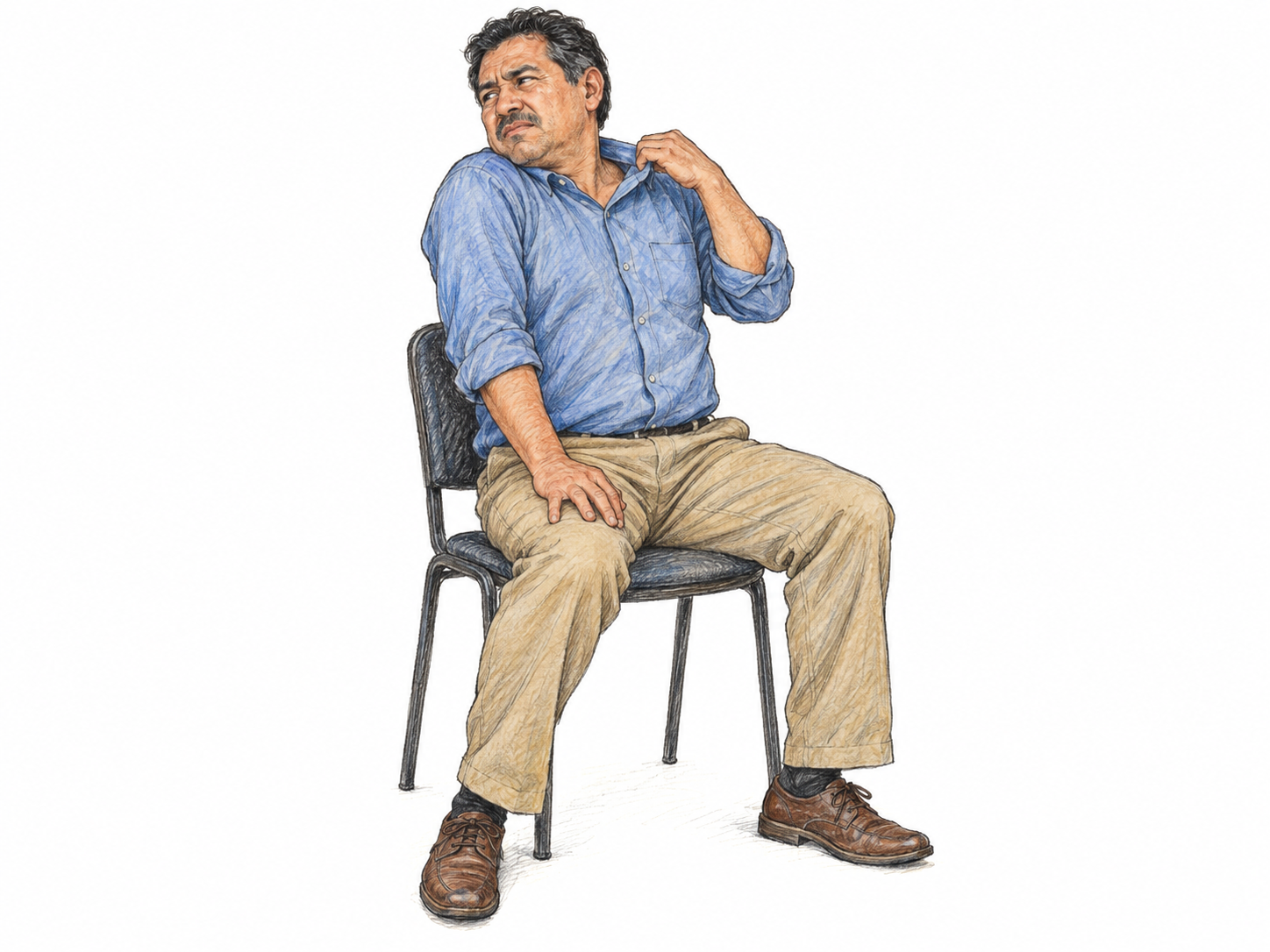 A seated man squirms from an itchy shirt collar, twisting his torso sideways and lifting one shoulder while pulling the collar away from his neck.