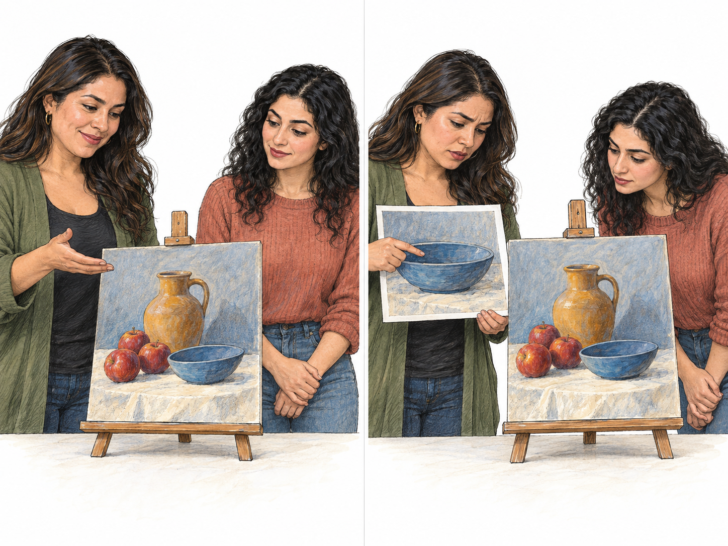 A compact two-panel art critique: an evaluator and an artist assess the same completed still-life painting, first appreciating its balanced composition, then closely examining a specific perspective problem.