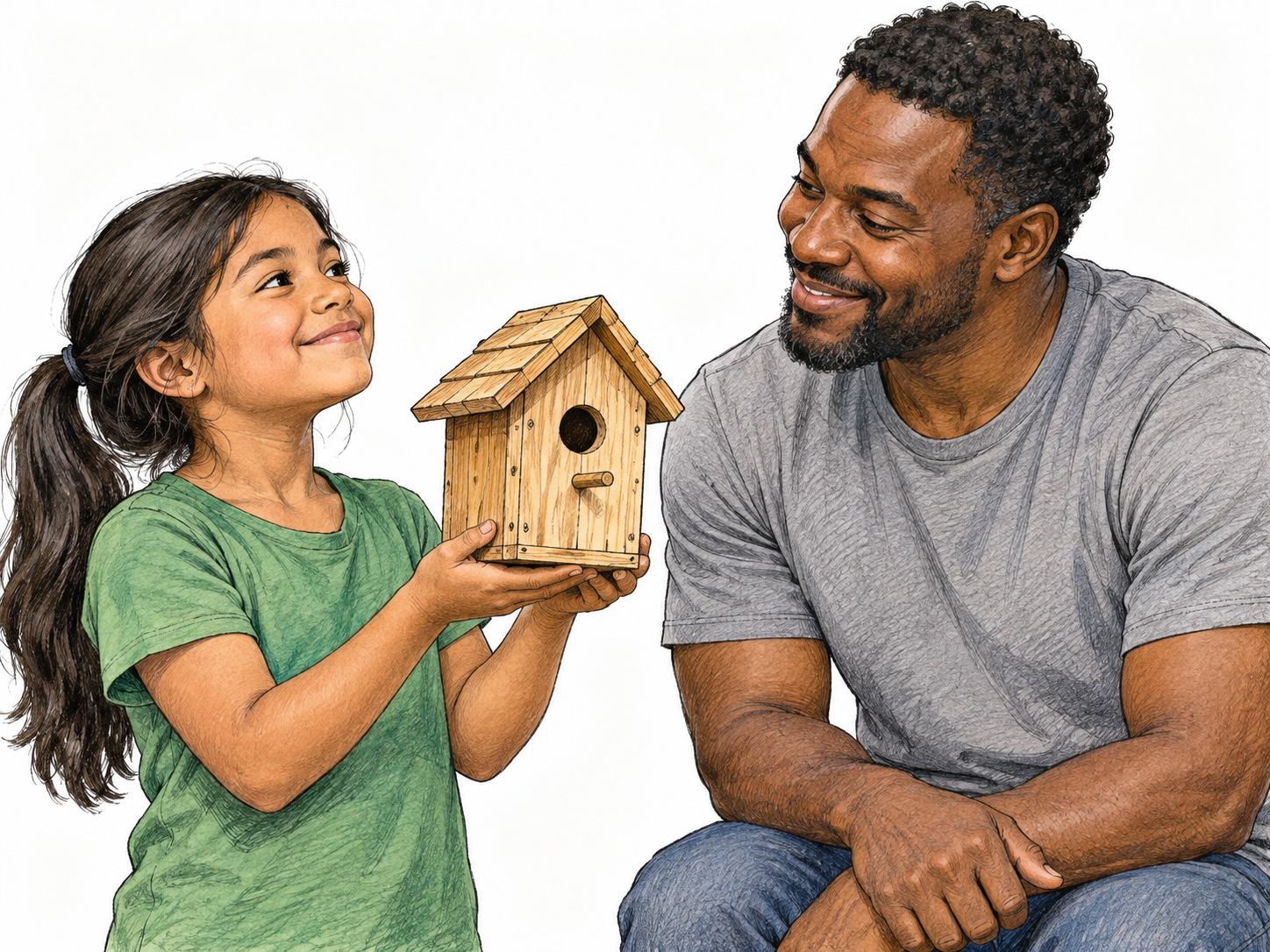 A child proudly holds up a finished hand-built wooden birdhouse to a smiling parent, chest upright and pleased expression; no trophy text or award labels, only two people and birdhouse.