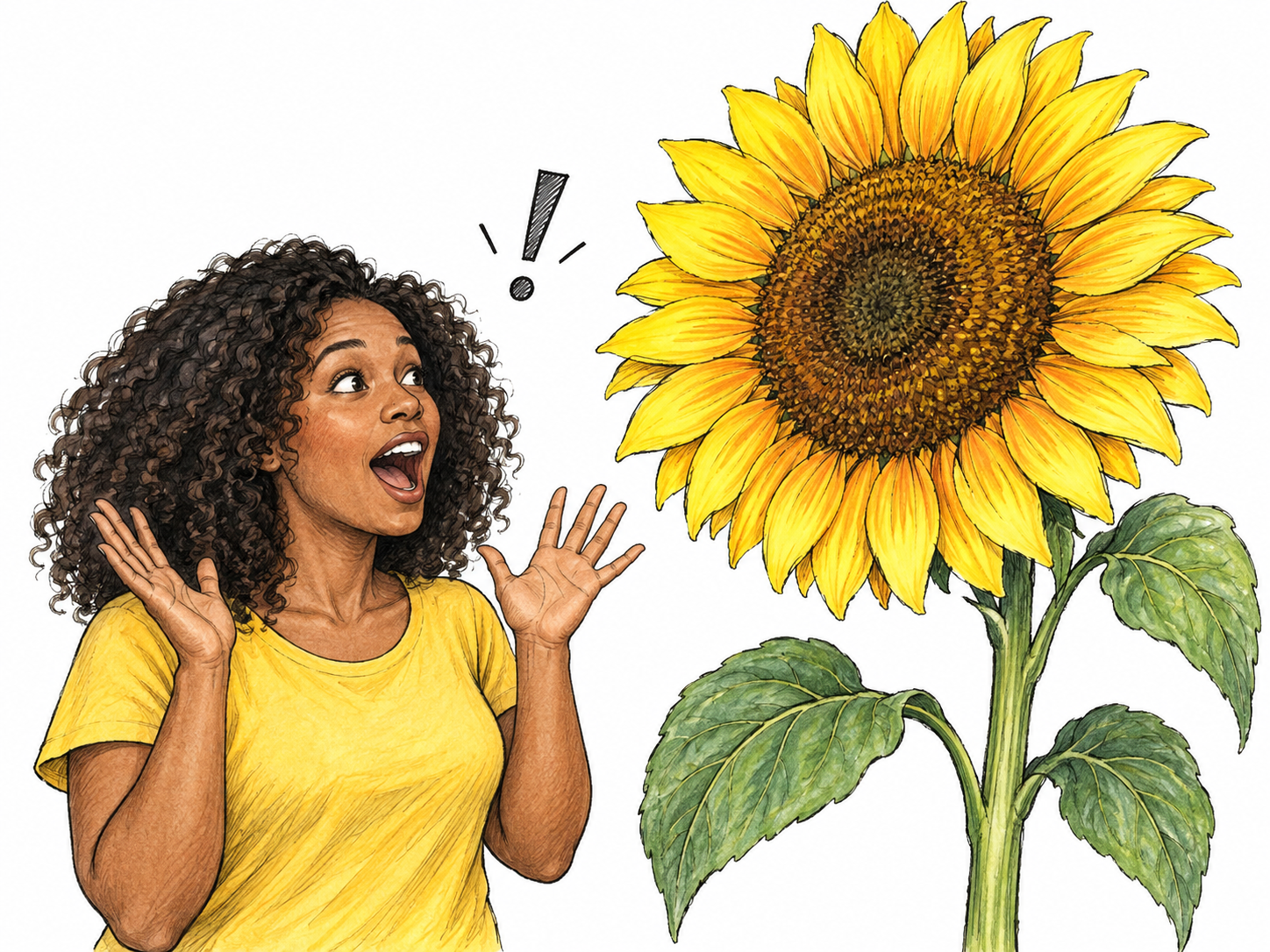 An adult suddenly exclaims on seeing a surprisingly large sunflower, mouth open and hands lifted; one small exclamation glyph allowed as functional emphasis.
