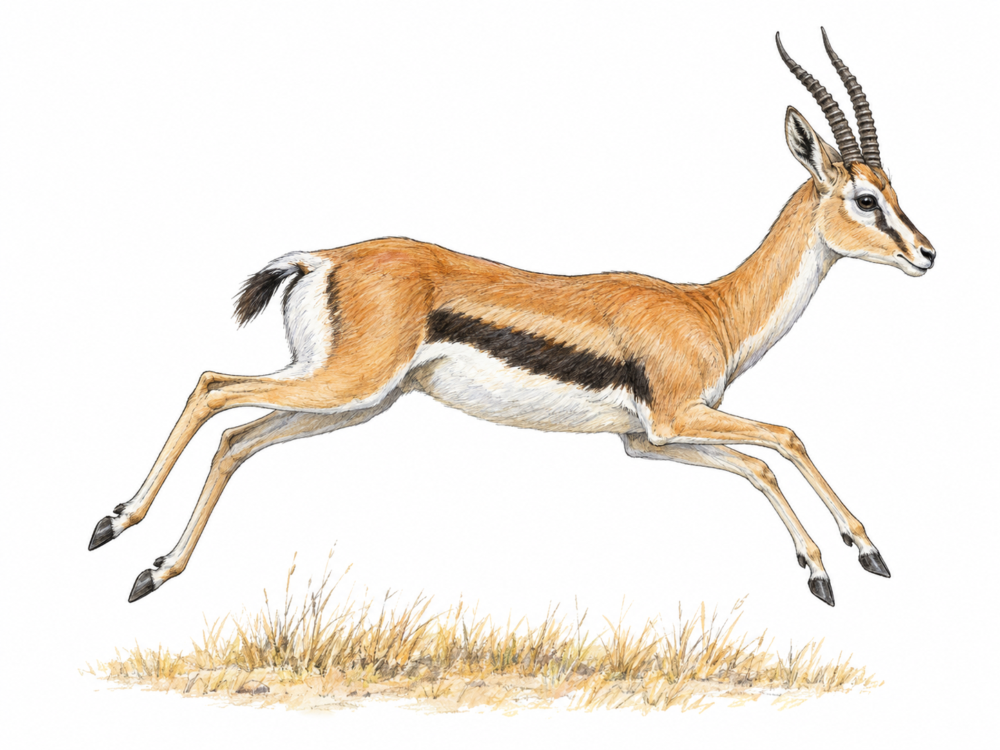 A single gazelle in a graceful running bound, shown in clear side view with its slender legs, slim body, facial markings and ringed horns readily recognizable.