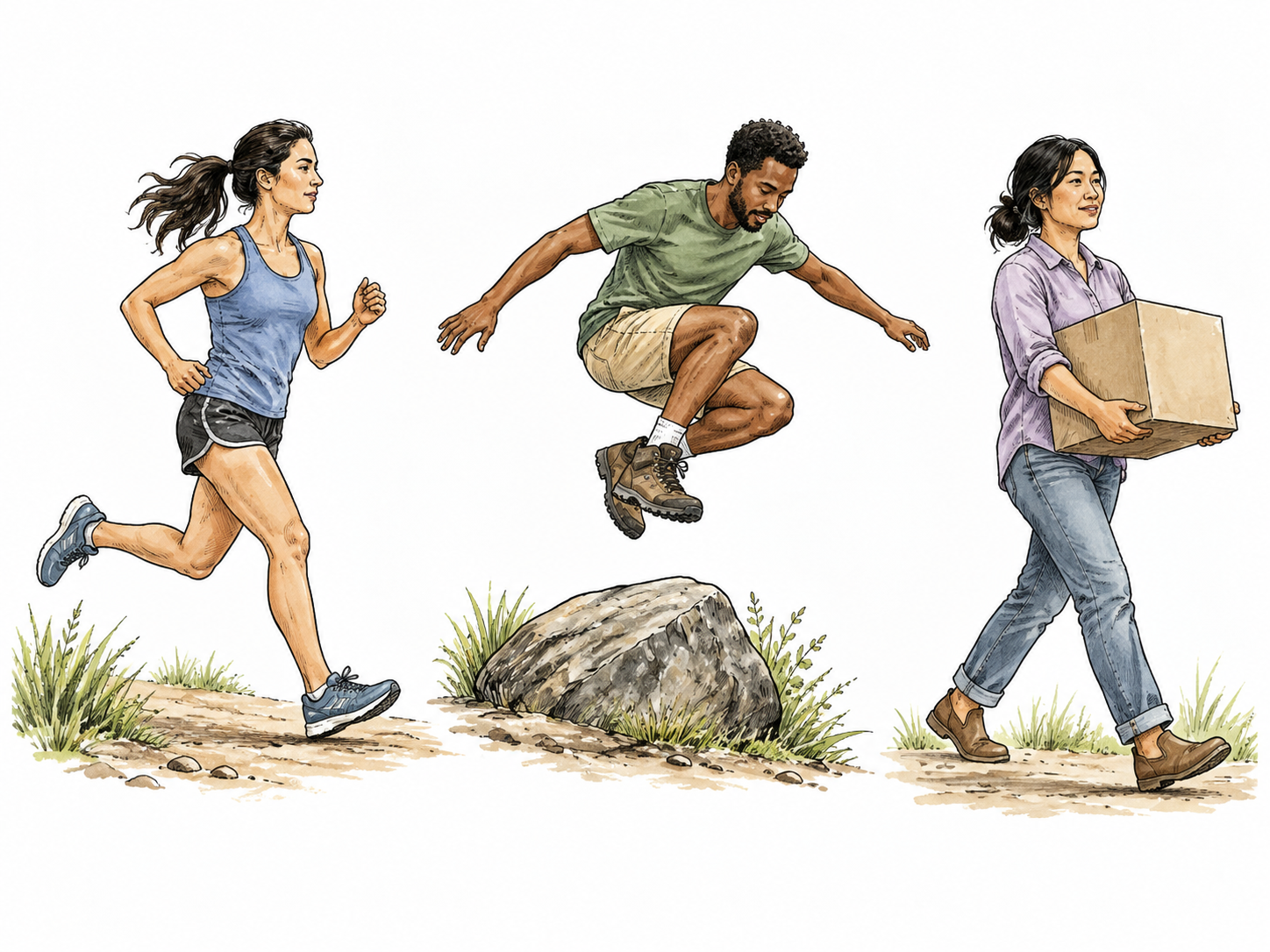 Three small natural scenes of running, jumping and carrying, with adult figures varied ethnically, action vocabulary.
