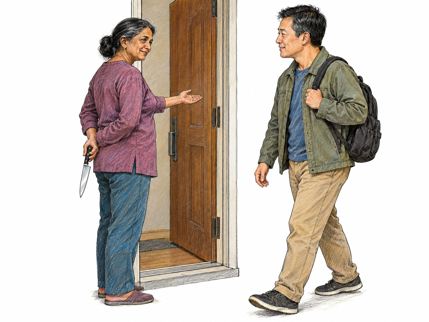 A smiling host gestures a visitor inside while concealing a kitchen knife behind her back.