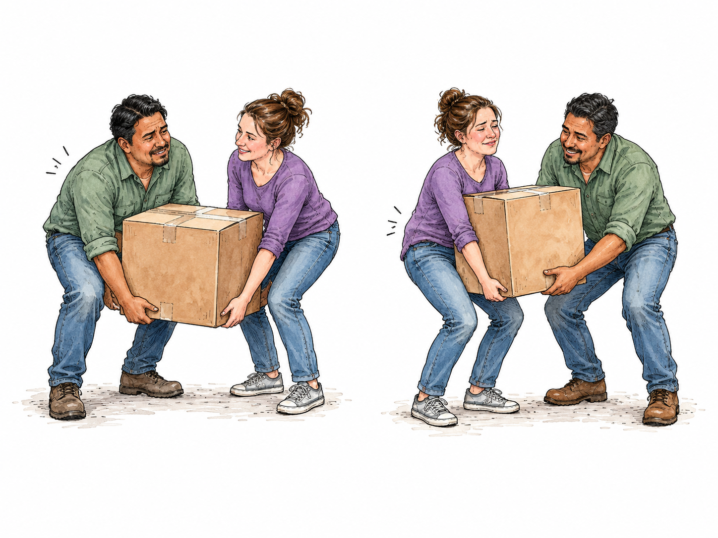 Man receives help lifting a box, then in second vignette helps the same woman lift her box.