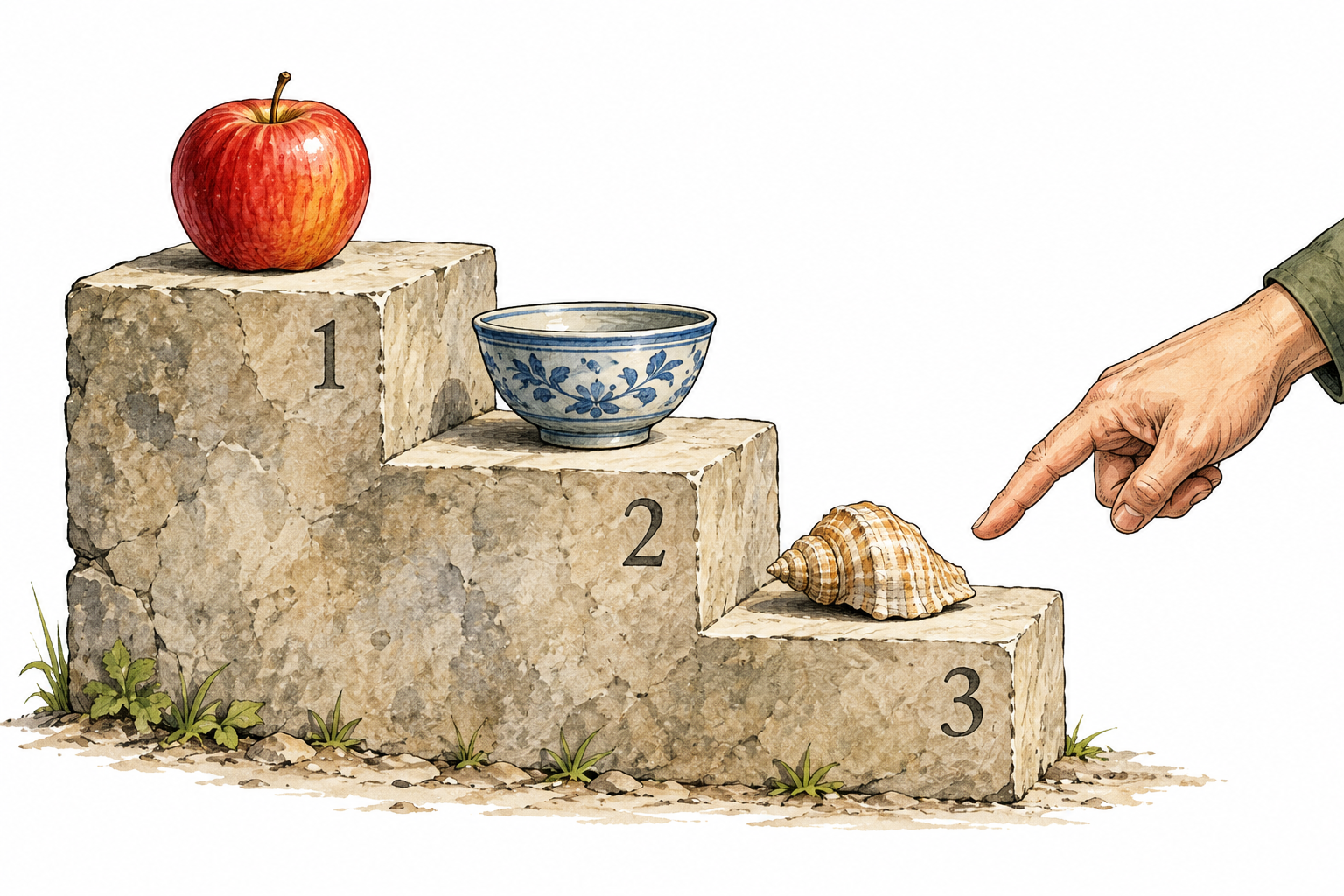 Three descending levels of a simple stone display stand with one object on each level, a pointing hand specifically indicating the third lowest level, only essential small numerals 1 2 3 on corresponding steps, no words.