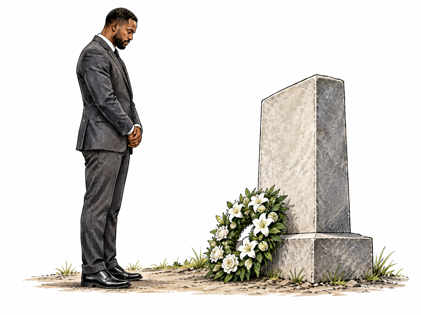 A solemn Black adult stands respectfully at a memorial with a serious calm expression.