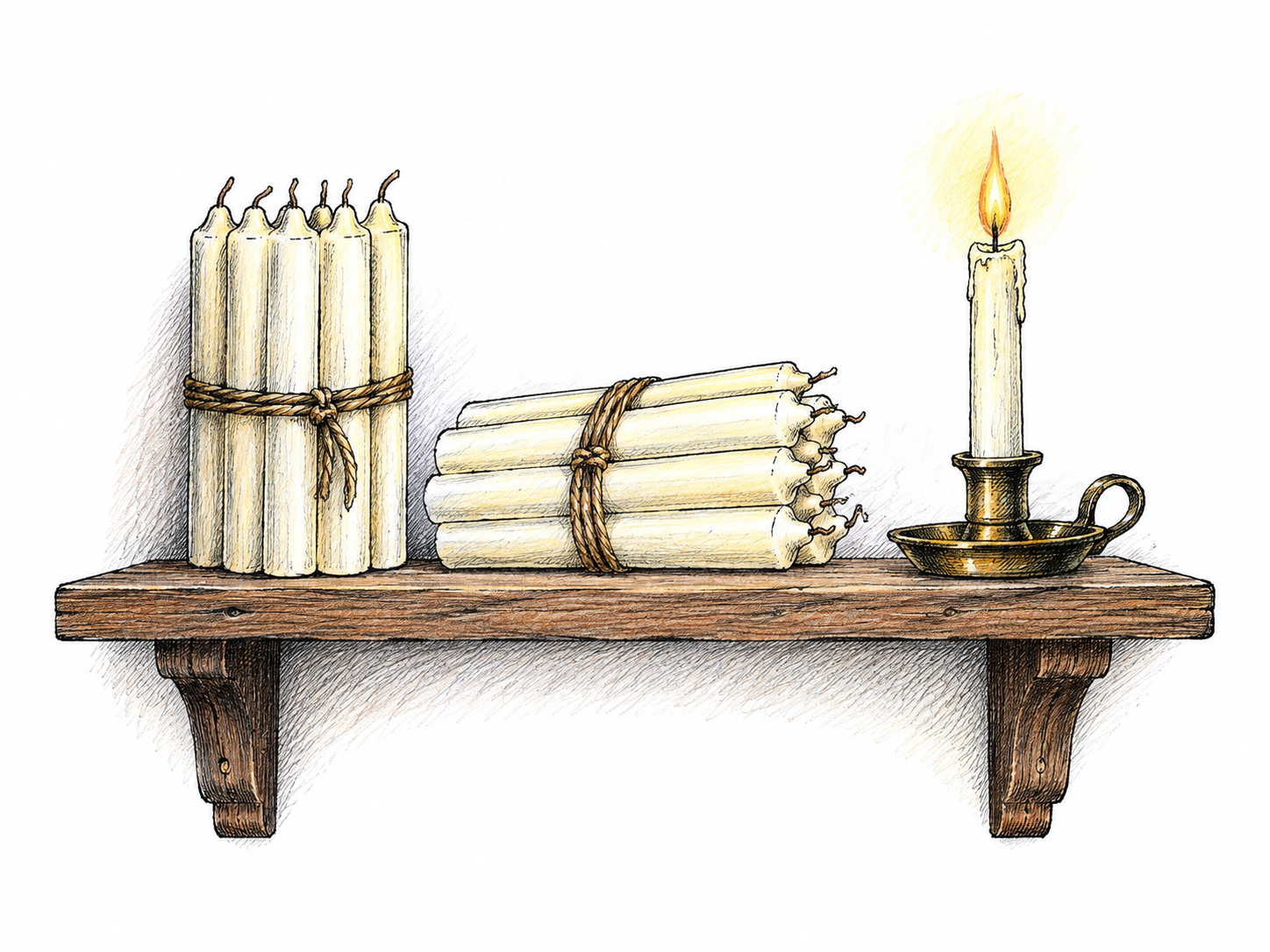 An orderly available supply of plain candles rests on a shelf: several intact candles bundled together and one ready in a holder; no packaging or labels.