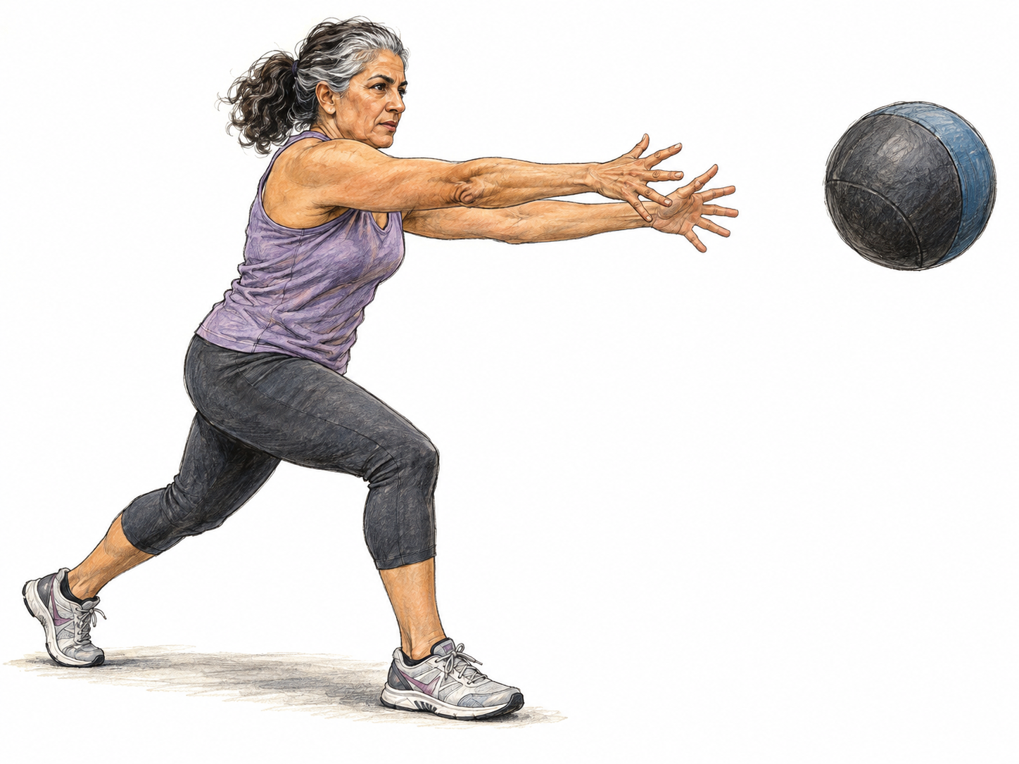 An older woman forcefully hurls a medicine ball forward, captured just after release with a deep driving stance, extended arms, and the heavy ball airborne.