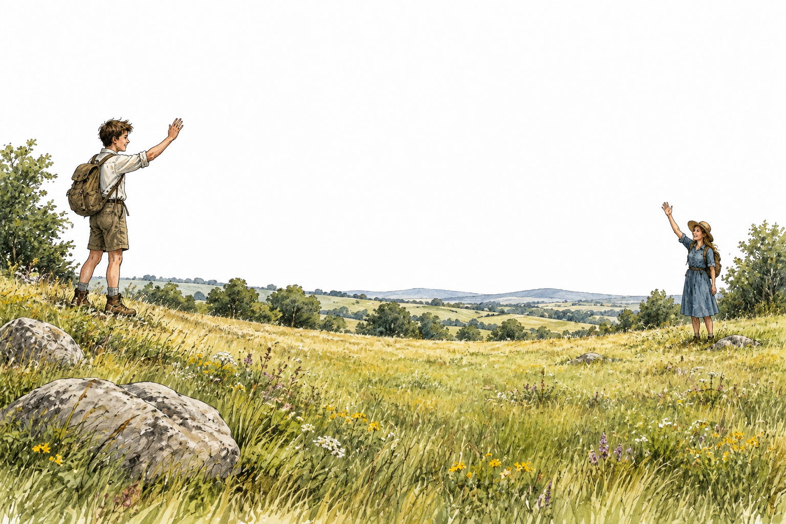 Two friends stand far apart across an open meadow, distance plainly visible.