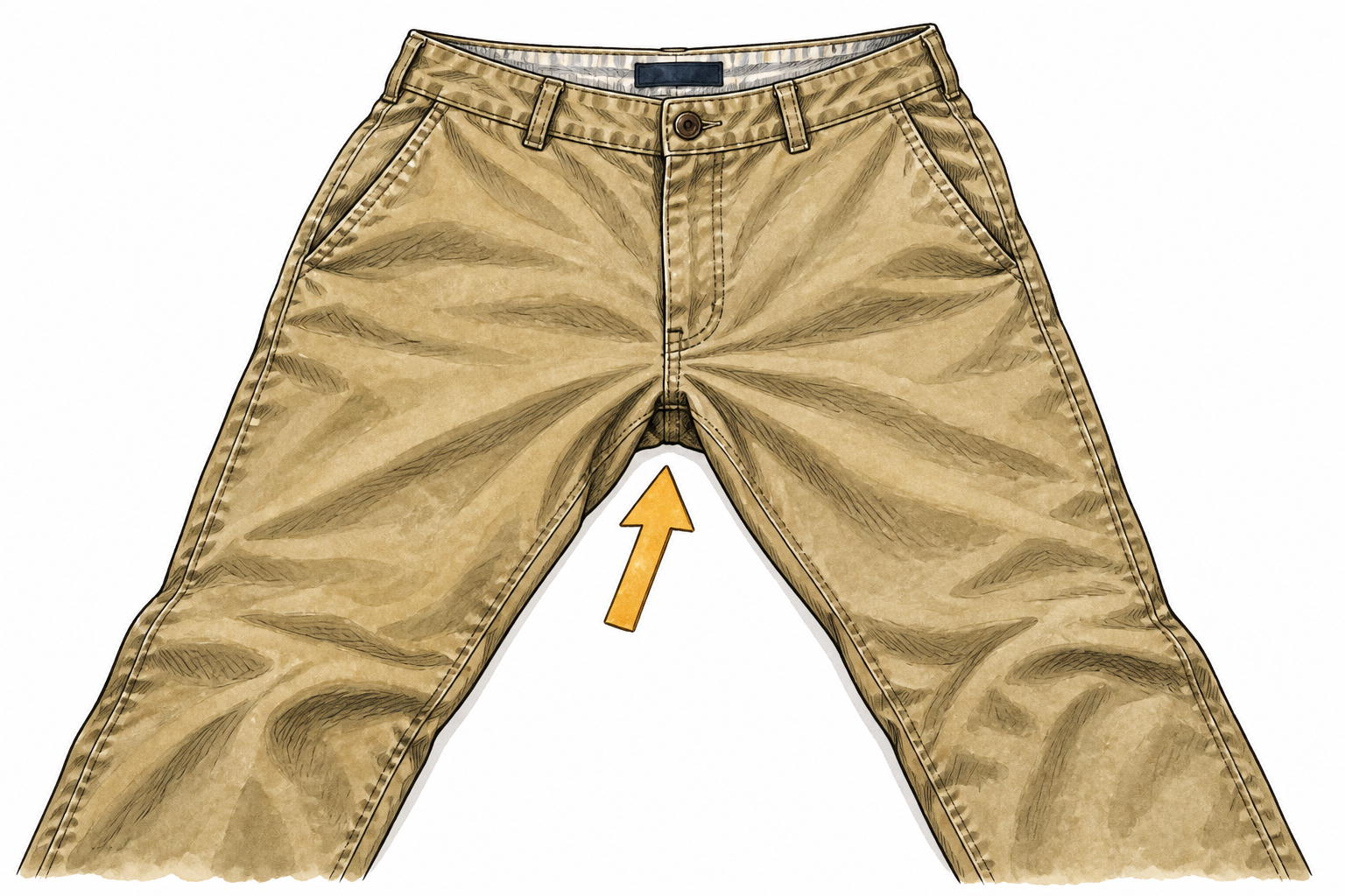 A pair of fully clothed trousers laid flat shows the seam where the legs join, neutral clothing anatomy illustration, no nudity.