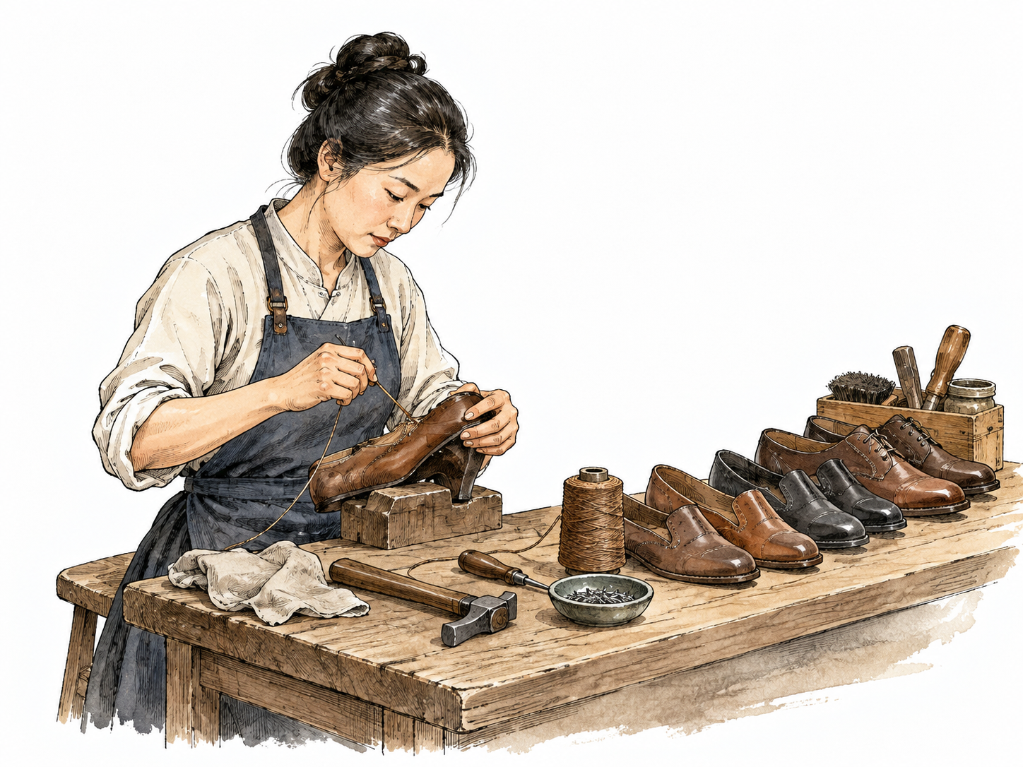 An East Asian woman steadily repairs a row of shoes at a craft bench with focused care.