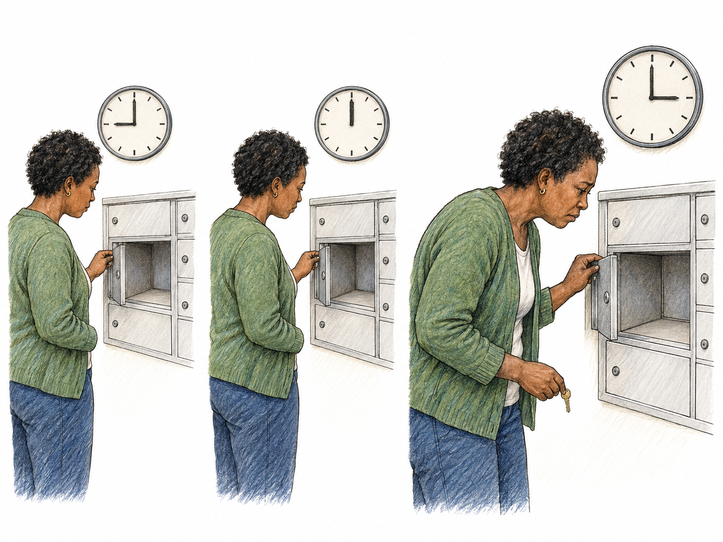 No mail yet: three successive checks of the same empty mailbox carry an expected event forward through time to the latest check.