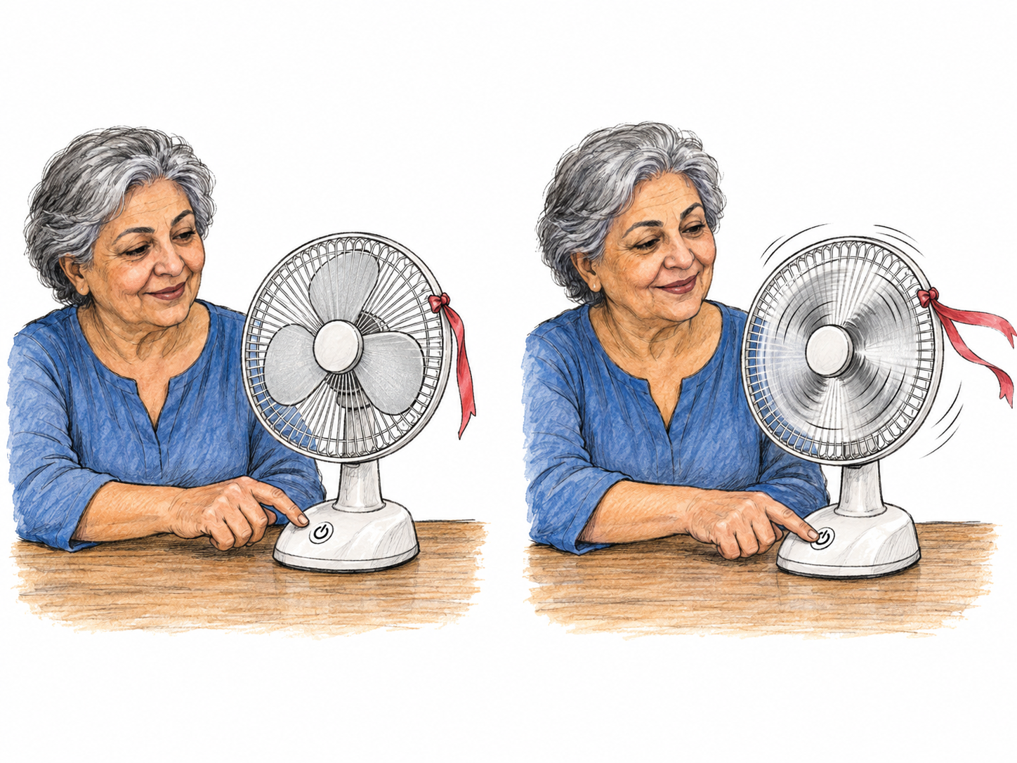 A compact two-moment sequence shows an older woman starting a tabletop fan: first the fan is still; then she presses its power button and the blades begin spinning, lifting a light ribbon tied to its grille.