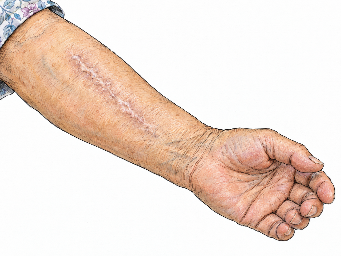Close-up of an older woman's forearm bearing a clearly healed scar: a pale, slightly raised irregular line with intact skin and no scab or bleeding.