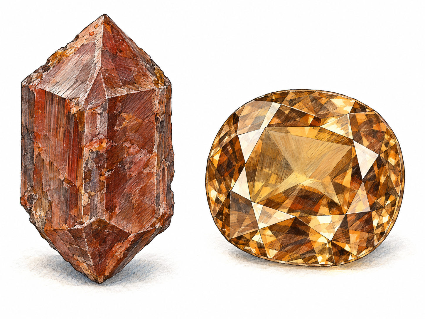 A reddish-brown natural zircon crystal beside a polished golden-brown faceted zircon gemstone, showing the mineral in raw and gem-cut forms.