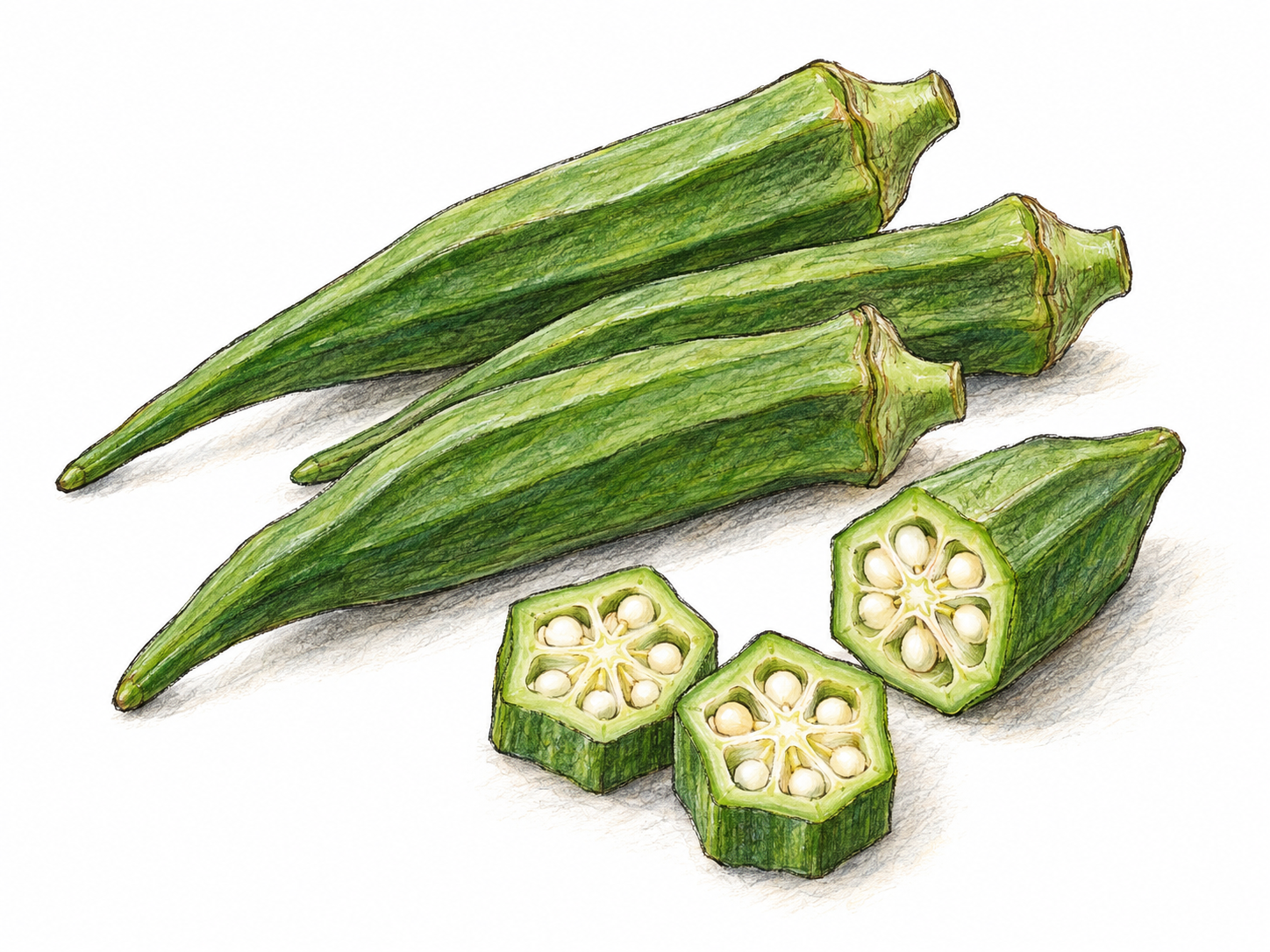 A close, botanically recognizable arrangement of fresh green okra pods, with one cut pod and several cross-sections exposing pale round seeds in distinctive star-shaped interiors.