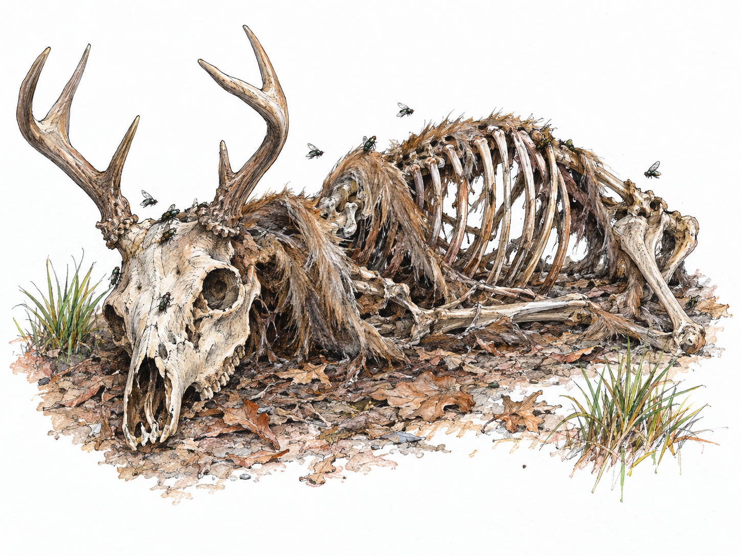A partially decomposed deer carcass lies beside a woodland path, its exposed rib cage, scraps of matted fur, and clustered flies making the discovery visibly grisly rather than merely a clean skeleton.