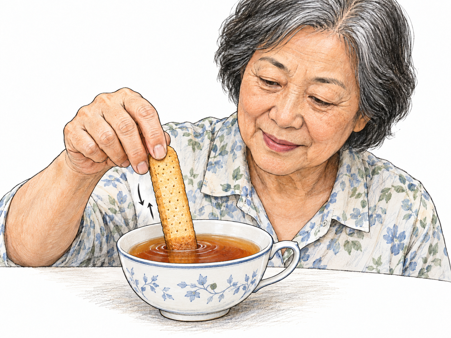 An older woman briefly dips the lower end of a biscuit into tea, keeping most of it dry and held above the liquid.
