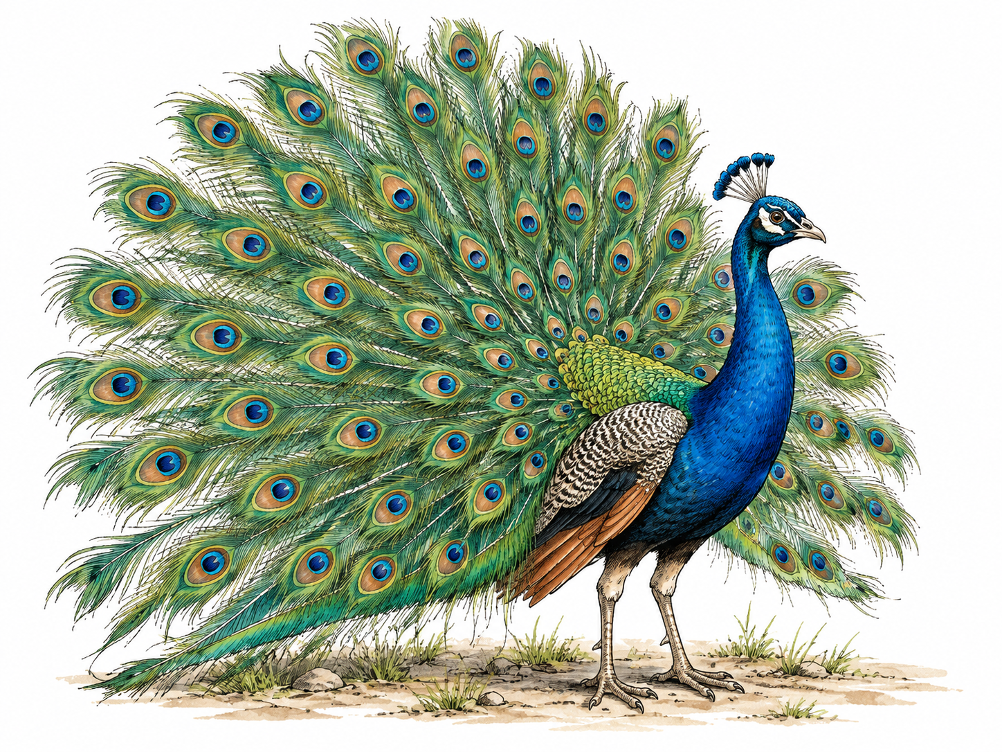Male Indian peacock spreading iridescent blue-green eye-spotted train.
