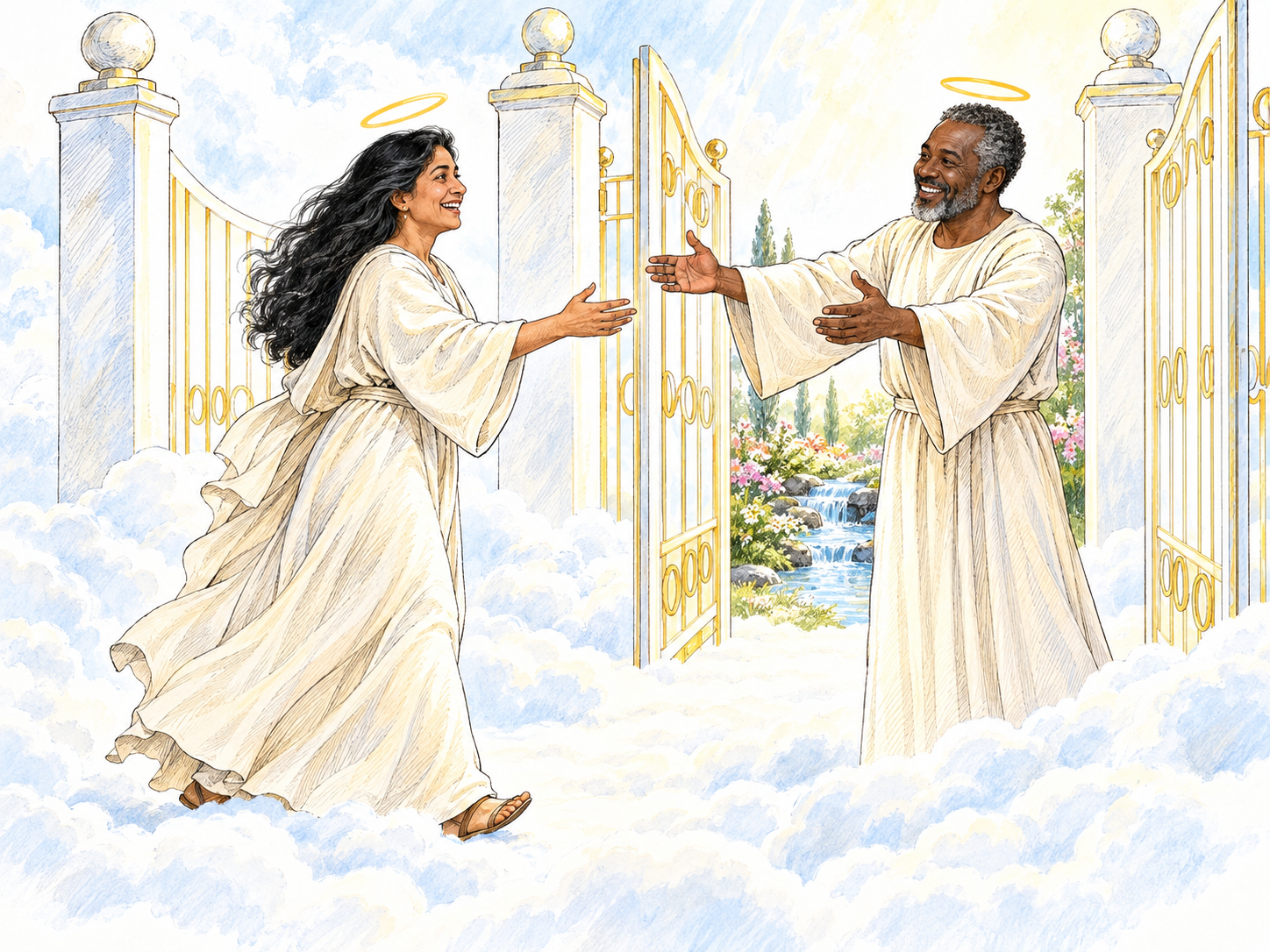 A joyful haloed soul passes through open pearly gates above the clouds into a peaceful garden, welcomed by another haloed soul.