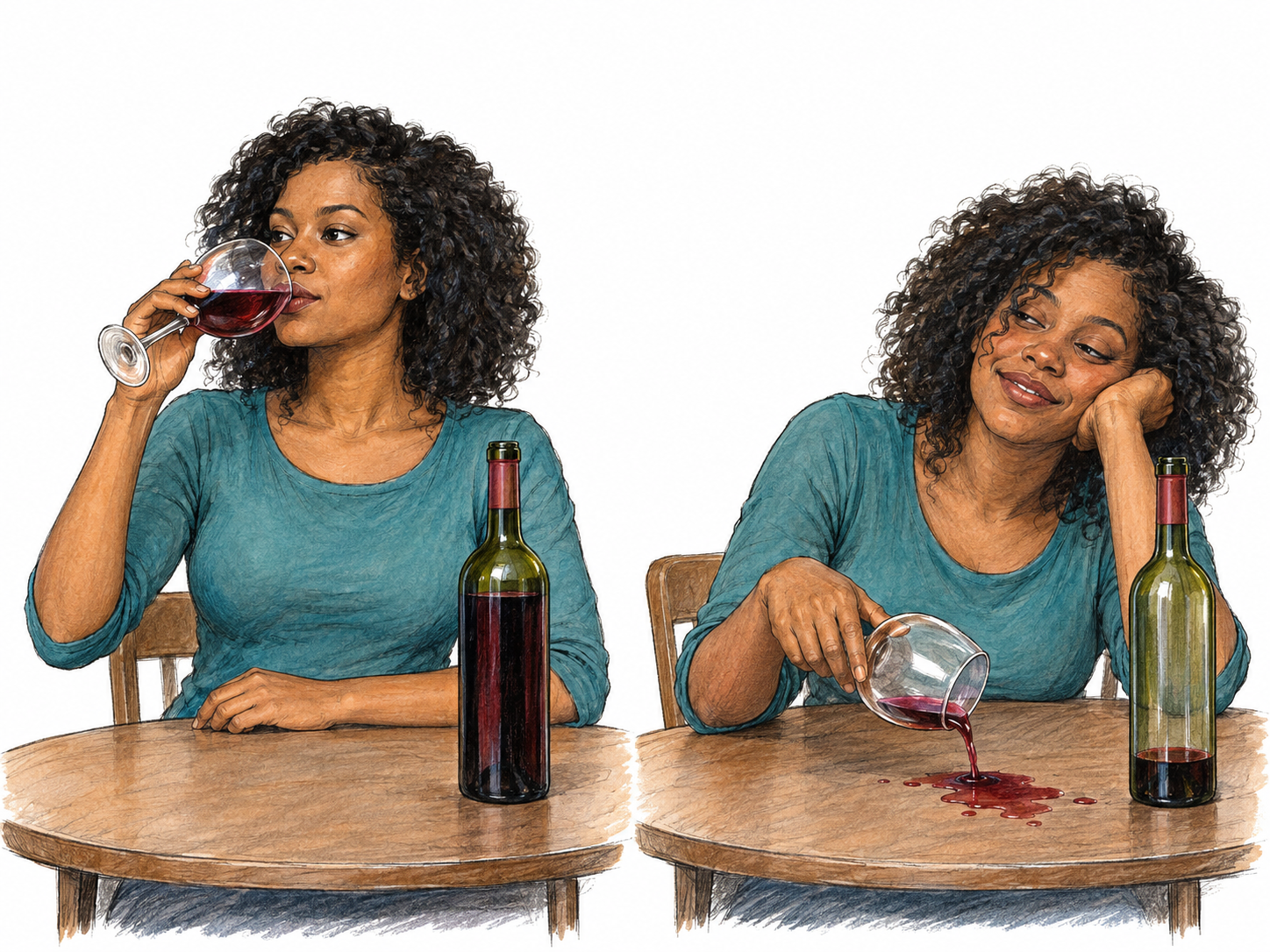 A two-panel sequence shows wine making an adult woman drunk: first she drinks while sitting upright and alert; afterward, the same woman has drooping eyelids and unsteady coordination beside the visibly depleted wine bottle.