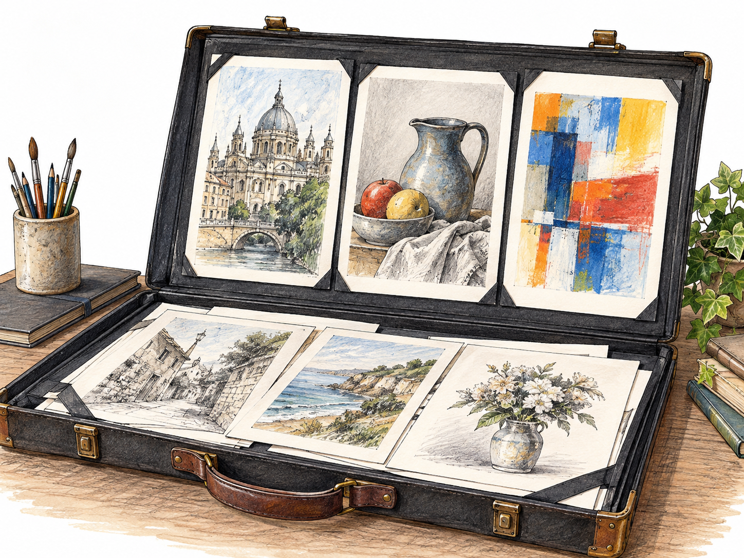 An artist's open portfolio case displays several finished sample drawings of architecture, still life and abstract color study; collected work samples, no words and no frog motif.