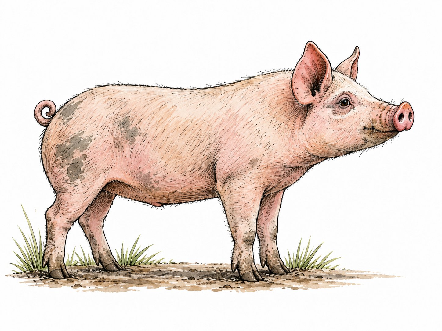 A pig in profile shows its clearly projecting nose and mouth, detailed round nostrils.