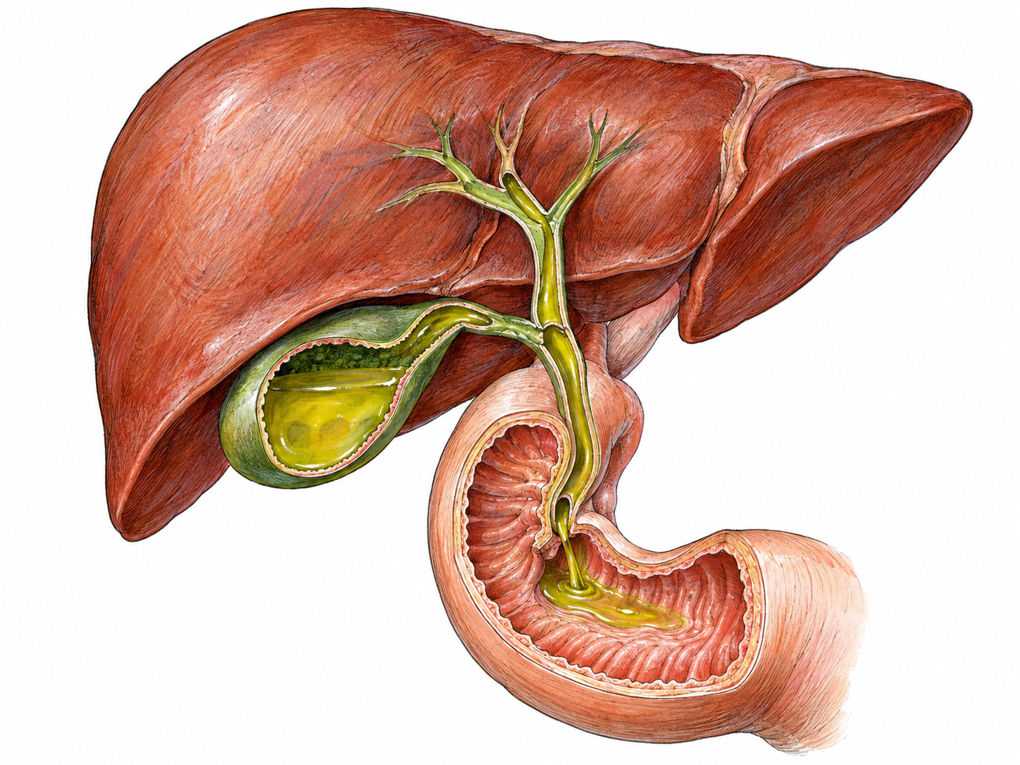 A compact anatomical cutaway showing yellow-green bile within the liver’s drainage ducts, pooled in the opened gallbladder, and entering the duodenum through the common bile duct.