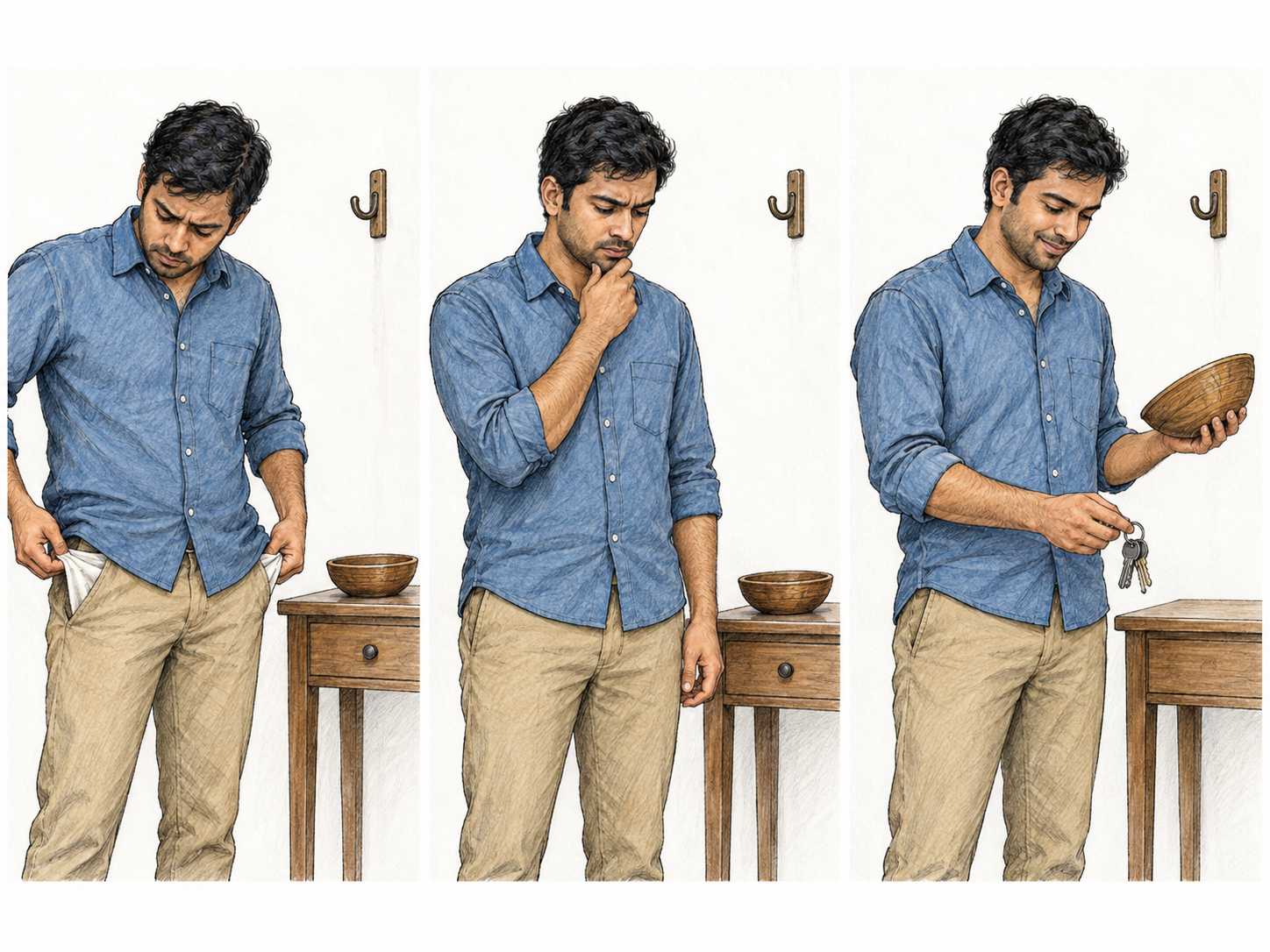 A compact three-moment sequence shows a man searching for his keys, stopping to reflect, then recalling their concealed location and retrieving them.
