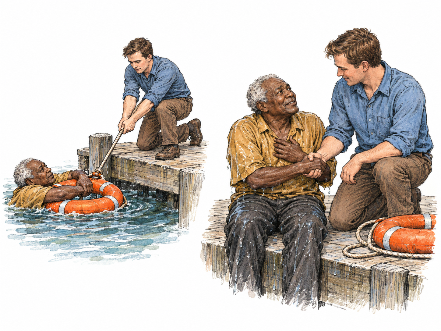 Indebted through a life-saving favor: a compact two-scene sequence shows a man rescued from the water, then expressing profound gratitude to his rescuer.
